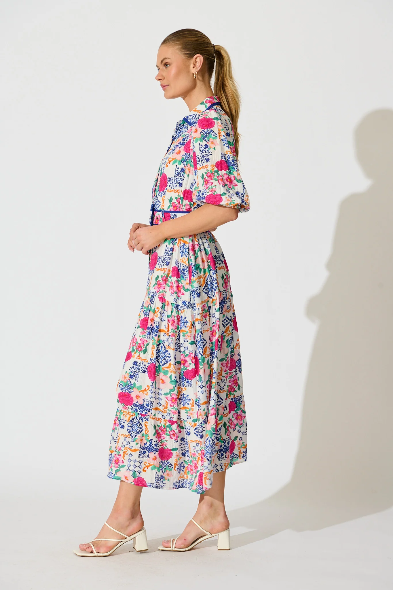 Adaluna Maxi Shirt Dress in White with Blue Multi Print - Image 3