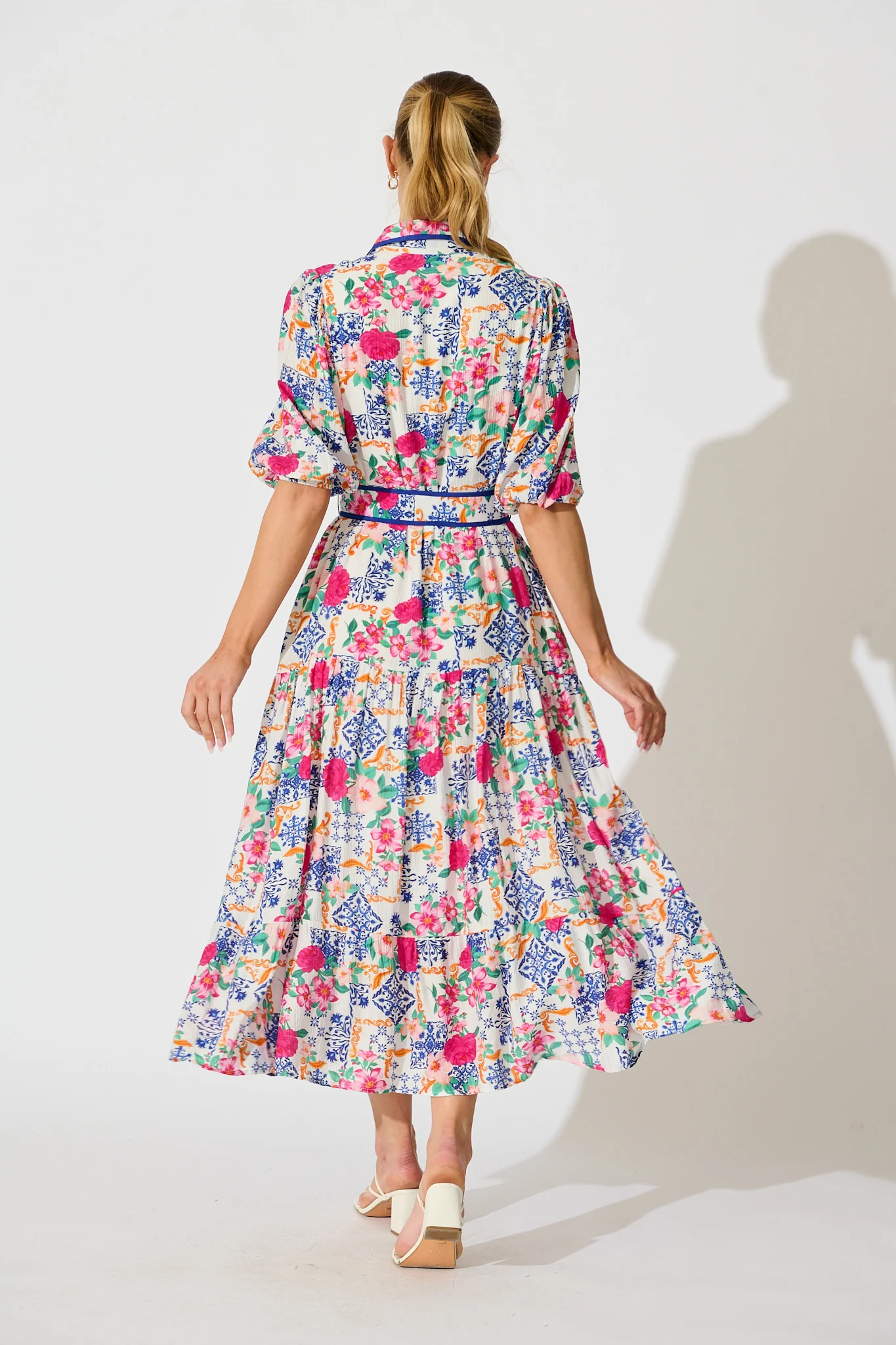 Adaluna Maxi Shirt Dress in White with Blue Multi Print - Image 4