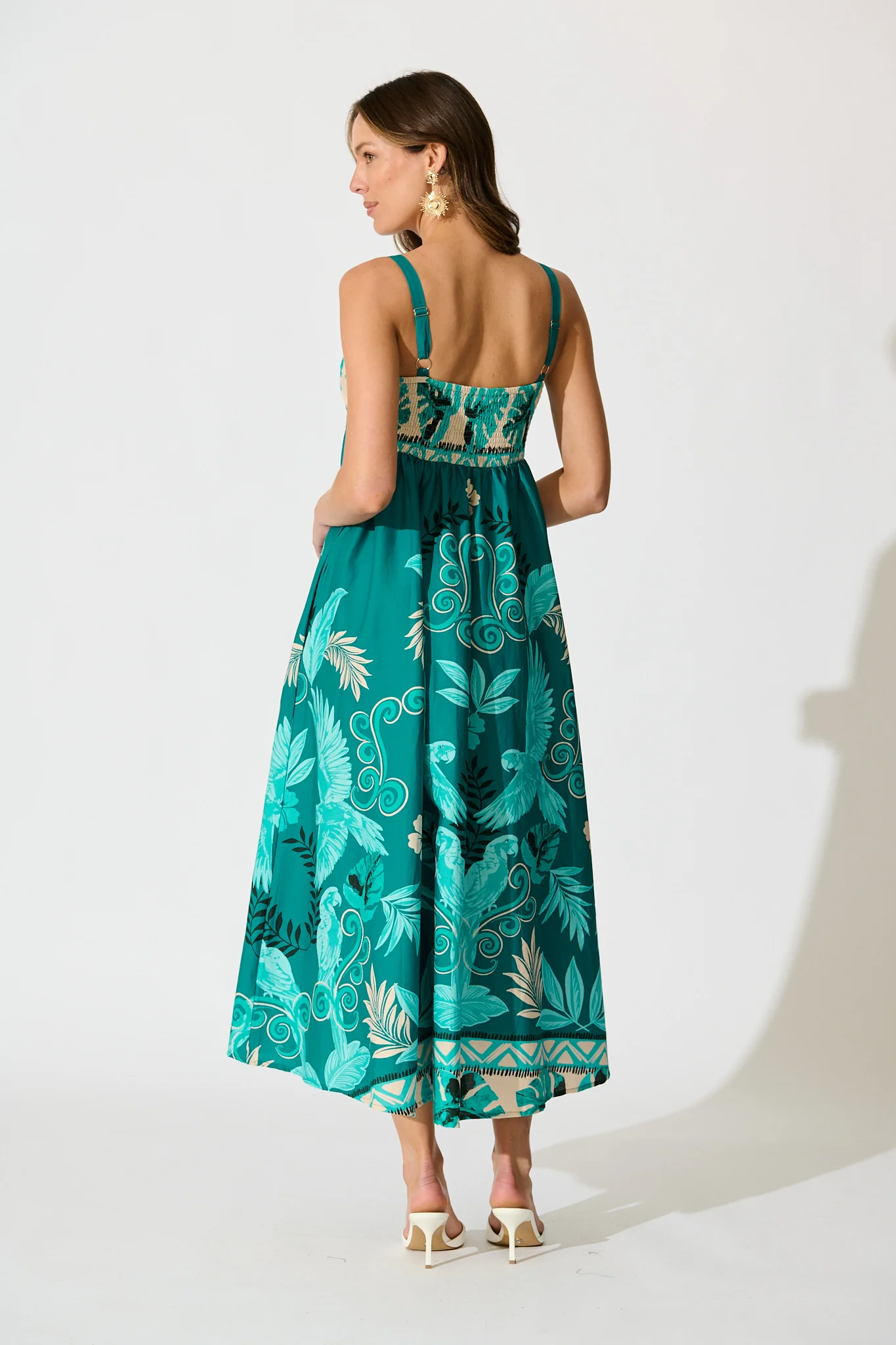Addilyn Maxi Sundress in Green and White Leaf Print - Image 4