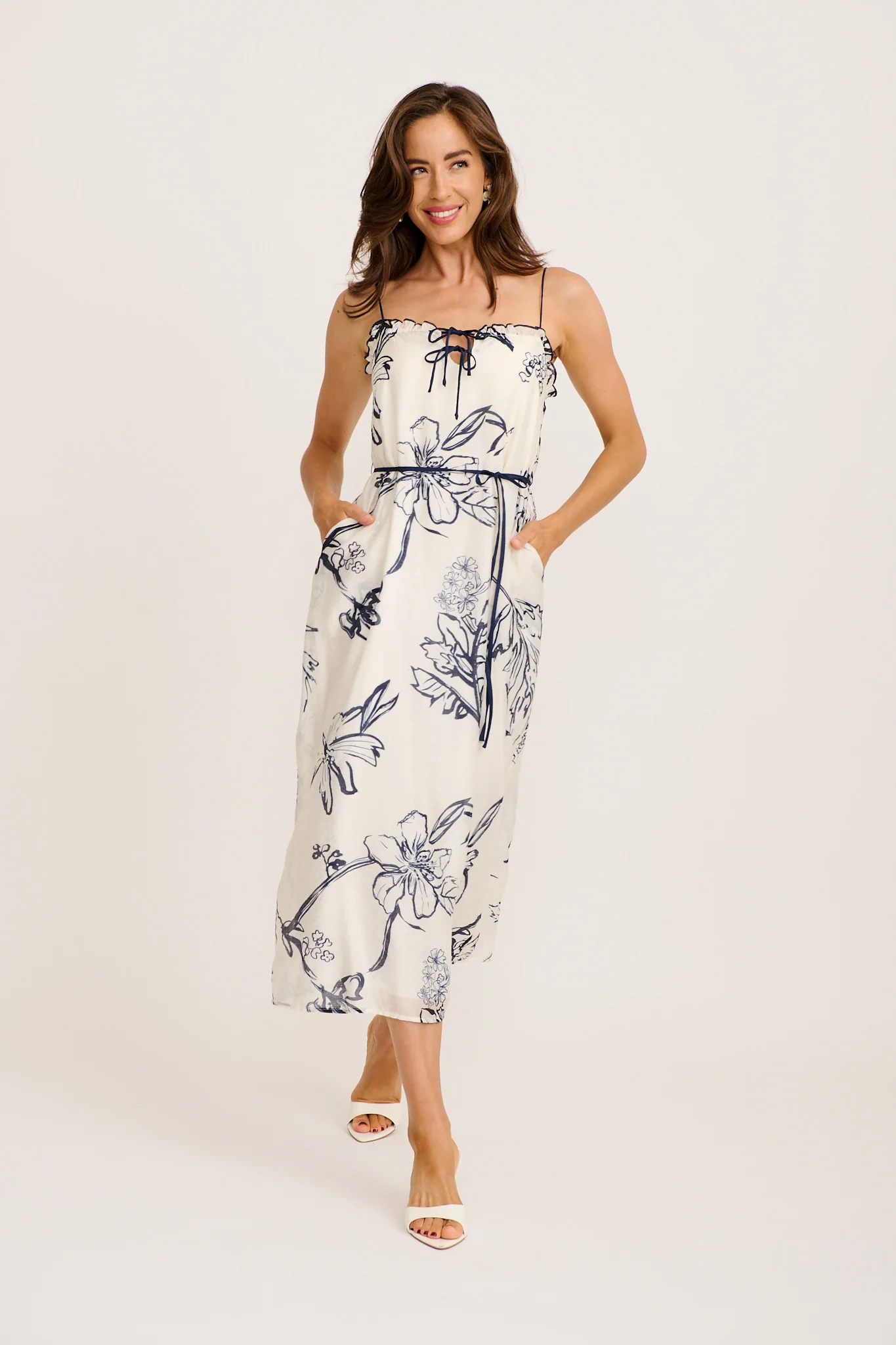 Adley Midi Dress in White with Navy Floral - Image 5
