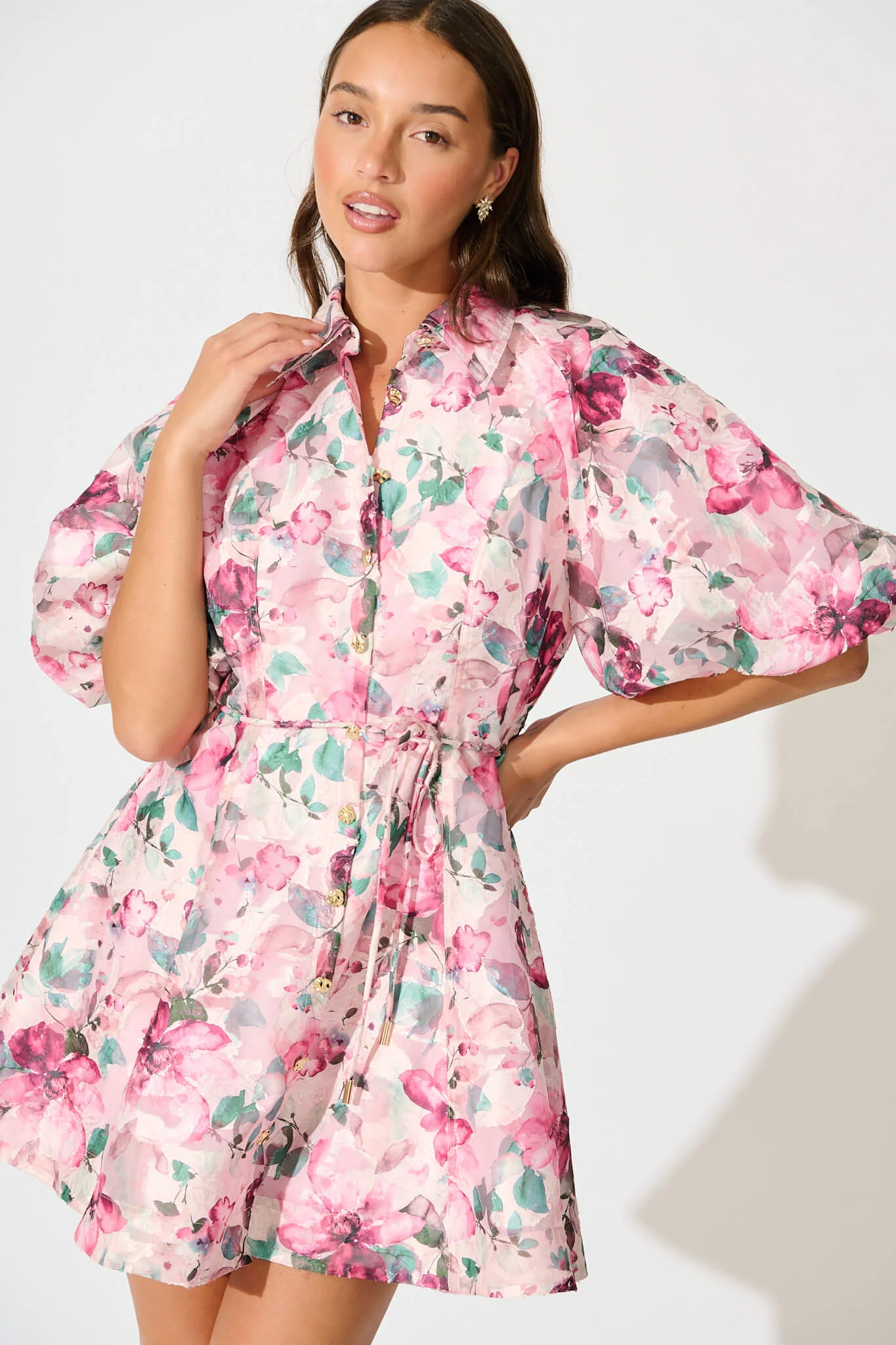 Admirer Shirt Dress in Multi Pink Floral Organza - Image 6