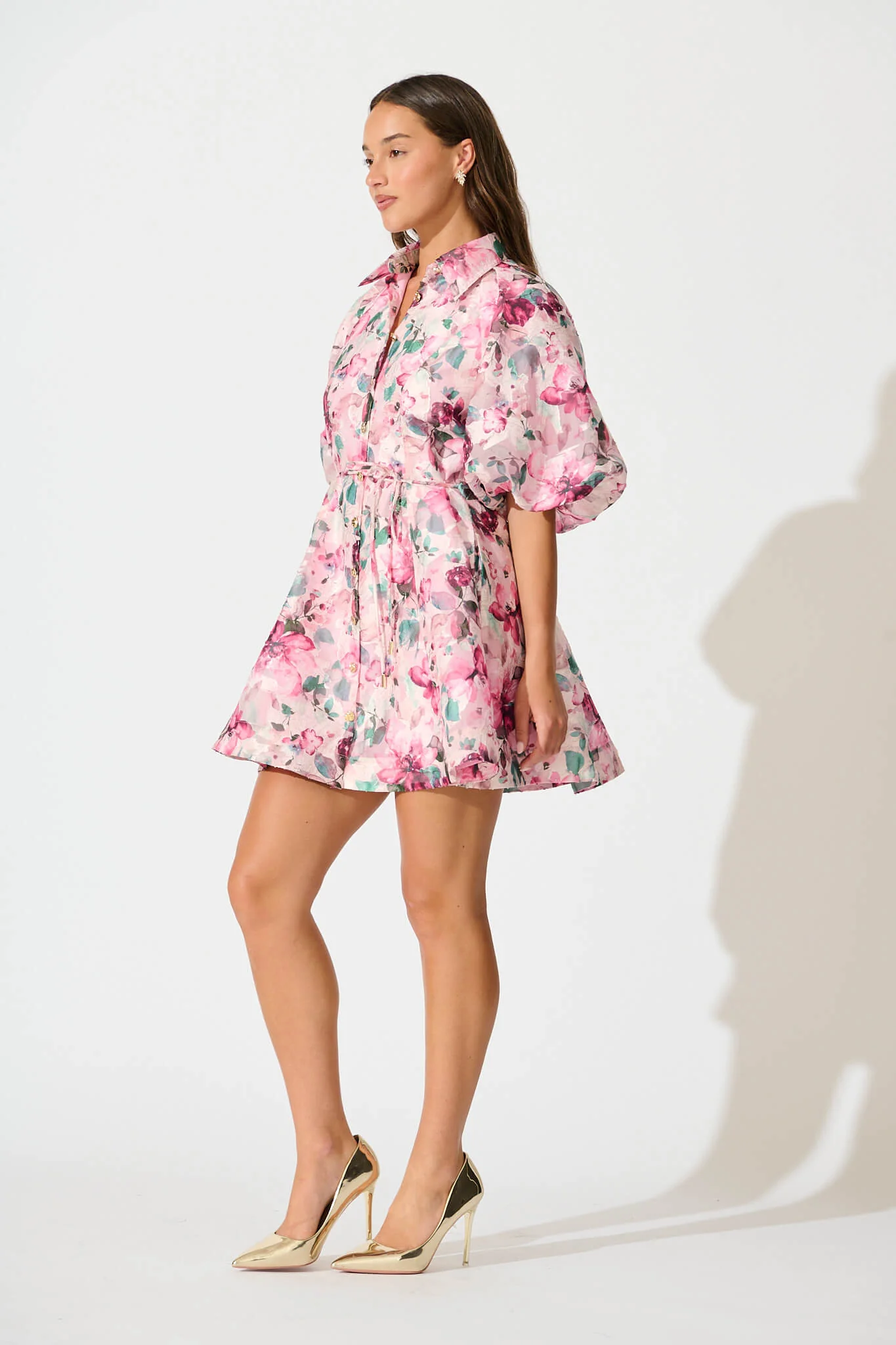 Admirer Shirt Dress in Multi Pink Floral Organza - Image 7