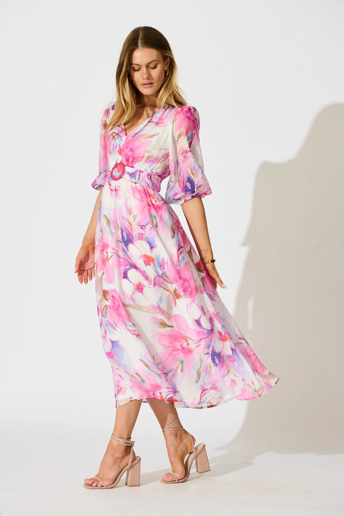 Adrina Maxi Dress in White with Pink Watercolour - Image 3