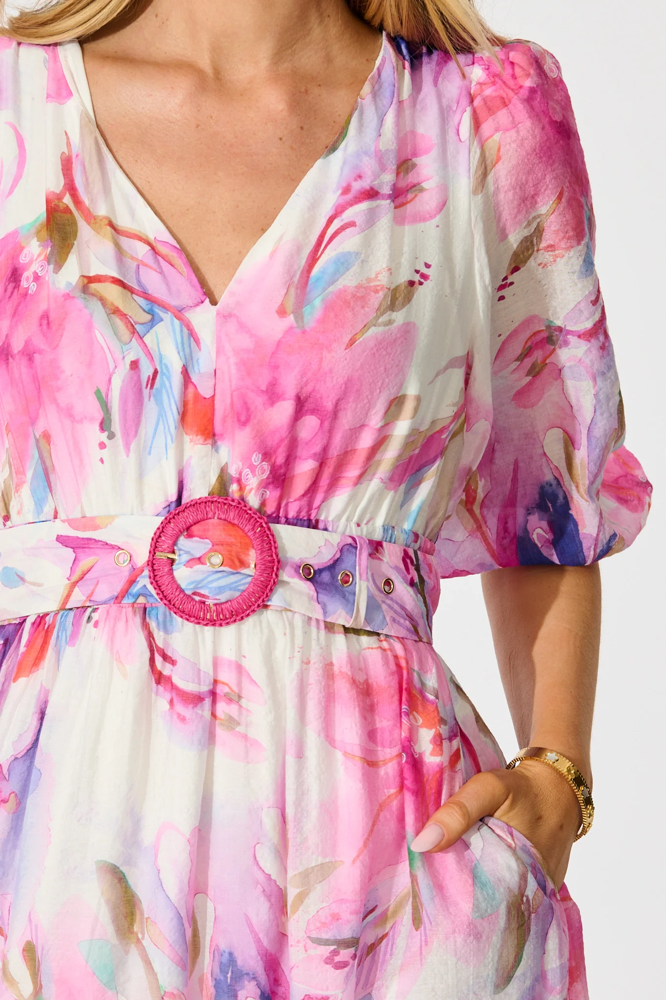 Adrina Maxi Dress in White with Pink Watercolour - Image 5
