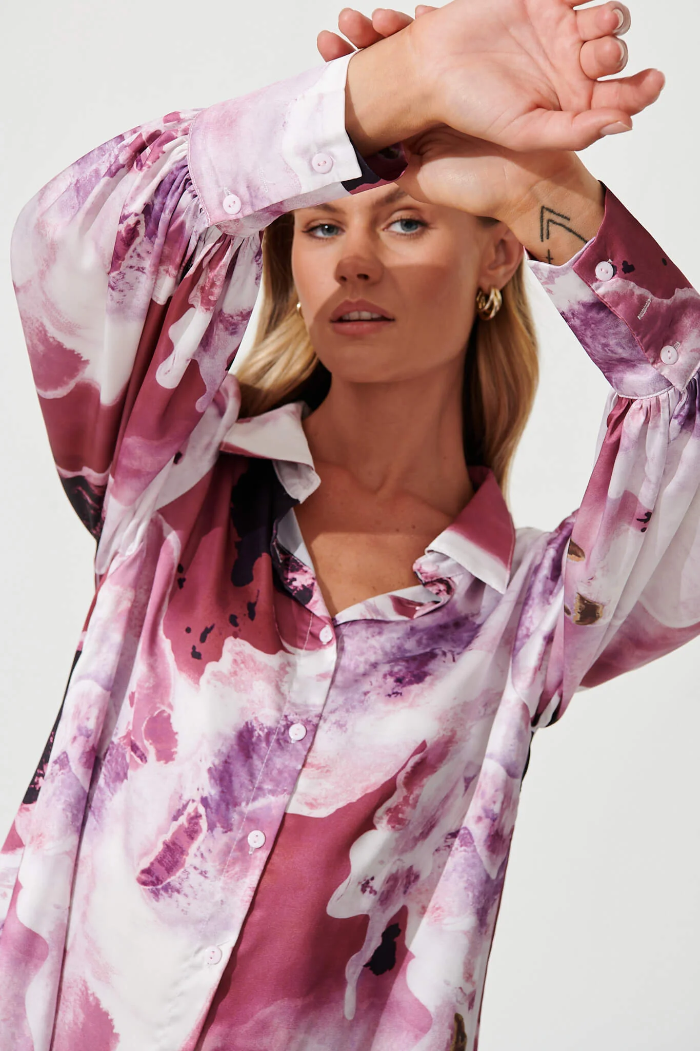 Afternoon Shirt In Pink With Purple Watercolour Satin - Image 10