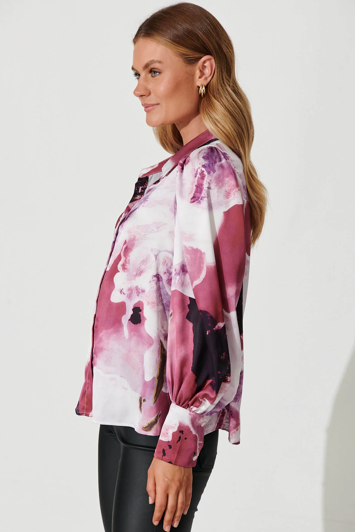 Afternoon Shirt In Pink With Purple Watercolour Satin - Image 7