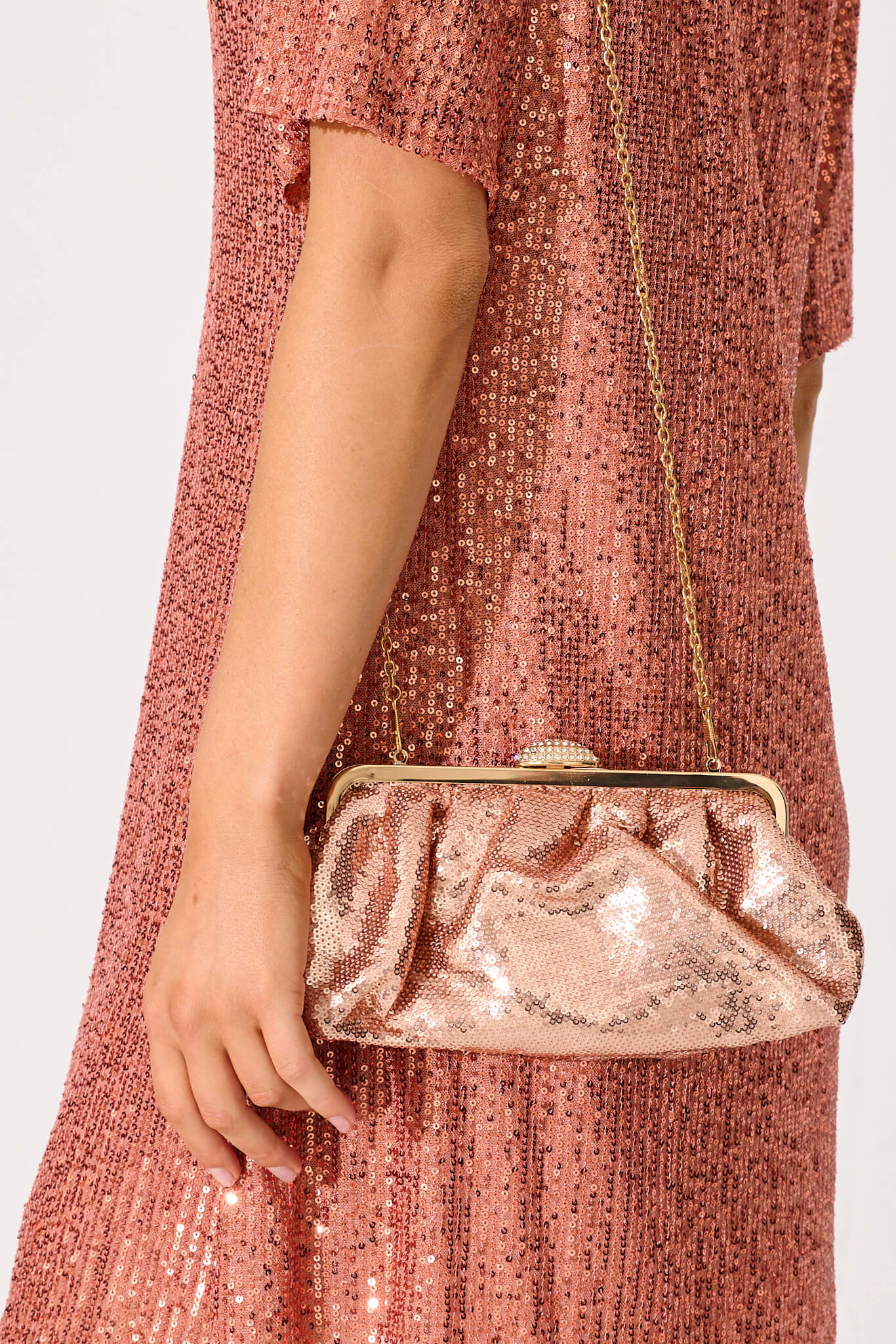Aida Clutch Bag In Rose Gold Sequin - Image 2