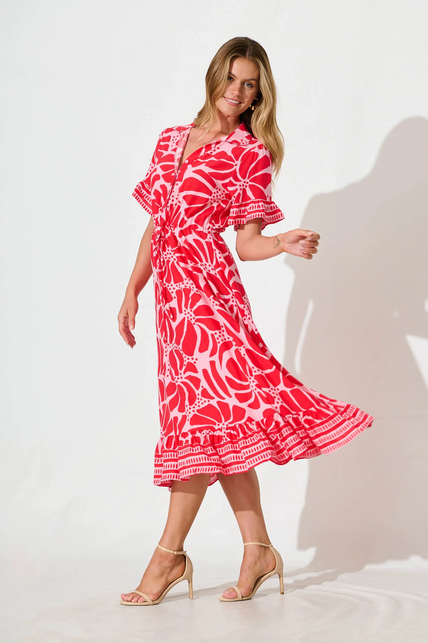 Aiken Midi Dress in Pink and Red Floral - Image 3
