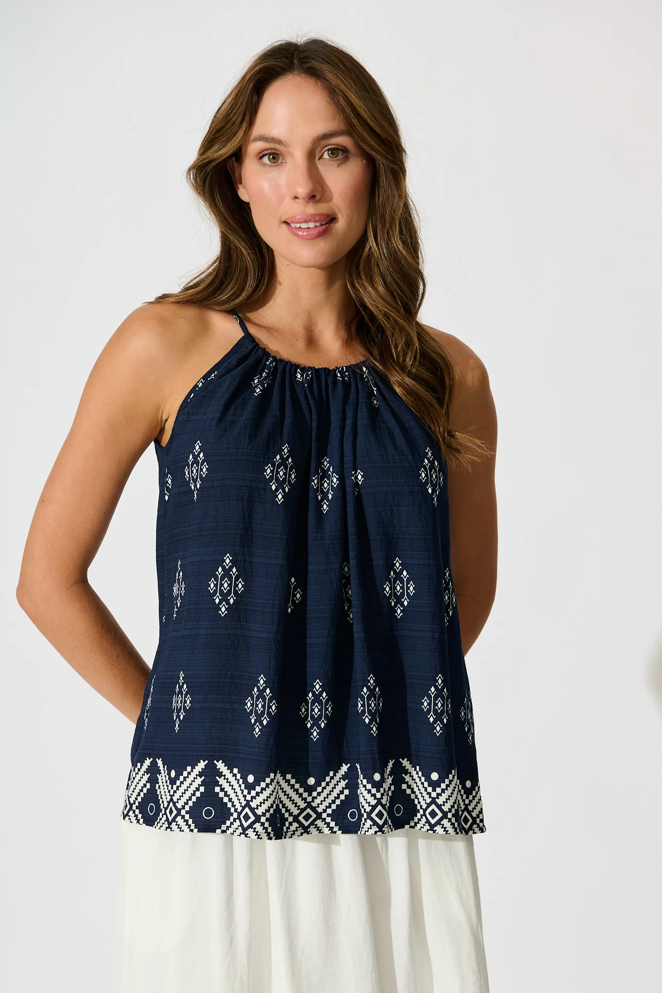 Aiko Top in Navy with White Border Print Linen Blend
