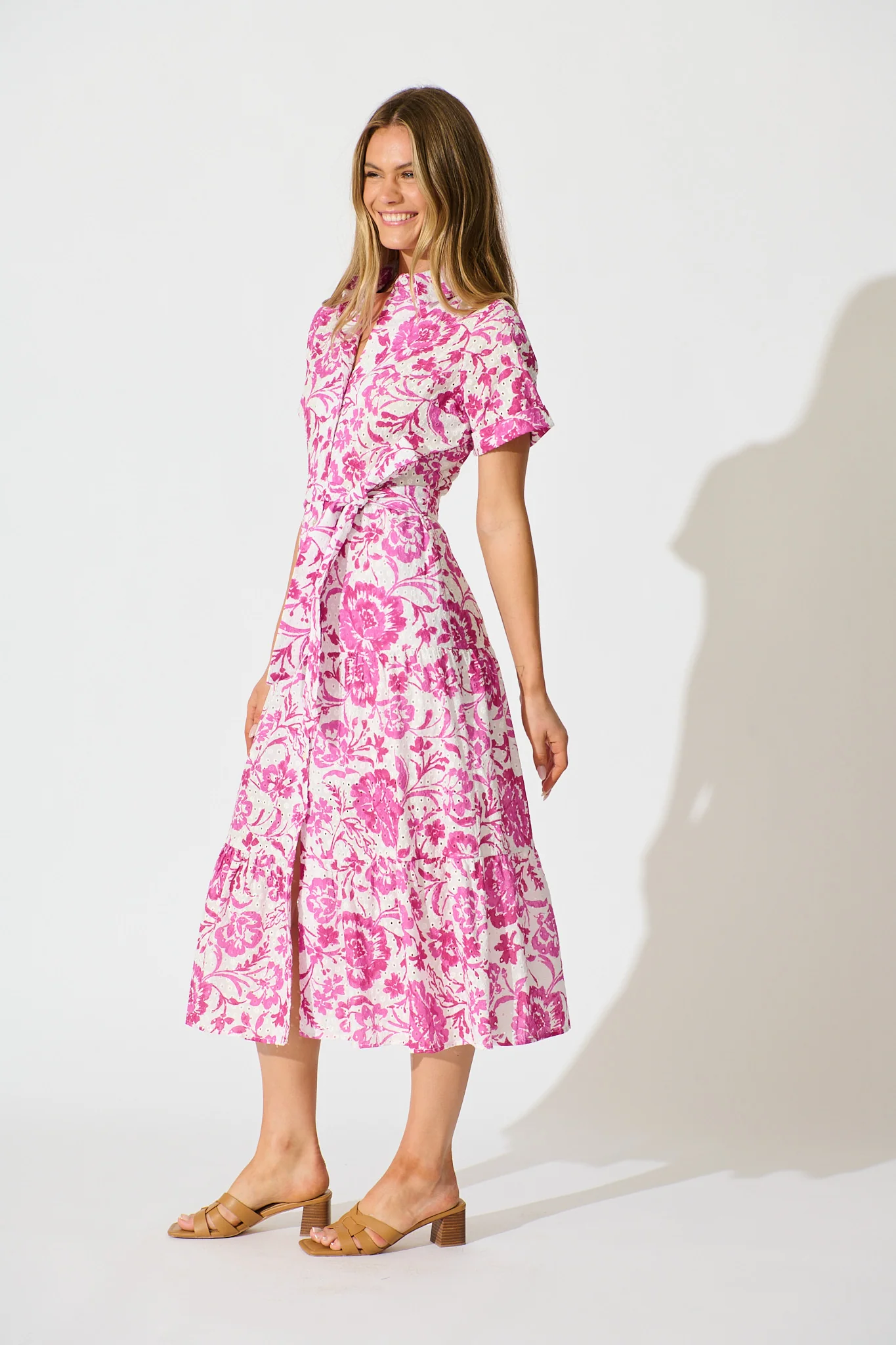Airlie Midi Shirt Dress in White with Pink Floral Embroidery - Image 3