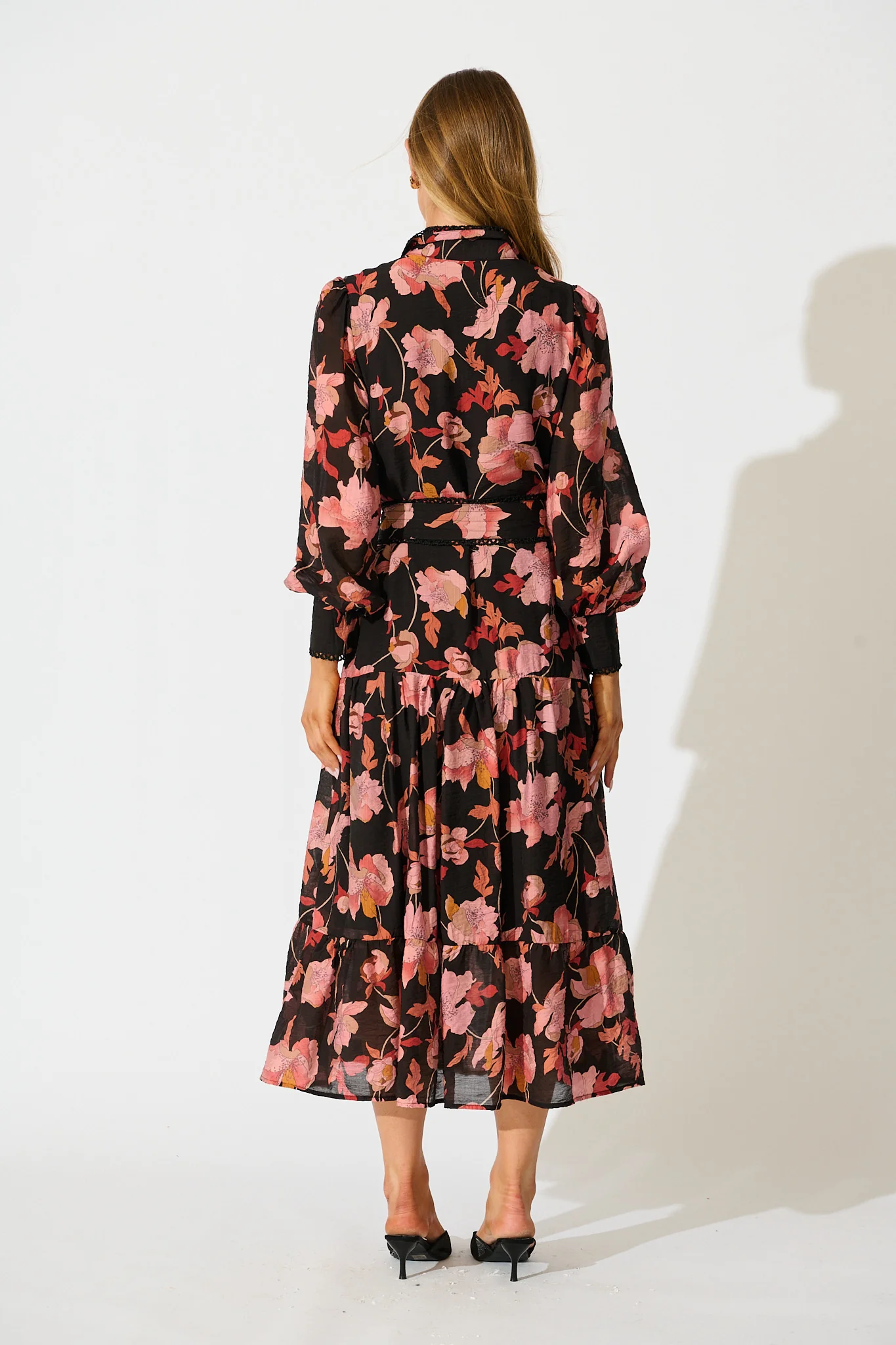 Alaina Maxi Shirt Dress in Black Floral with Black Lace Trim - Image 4