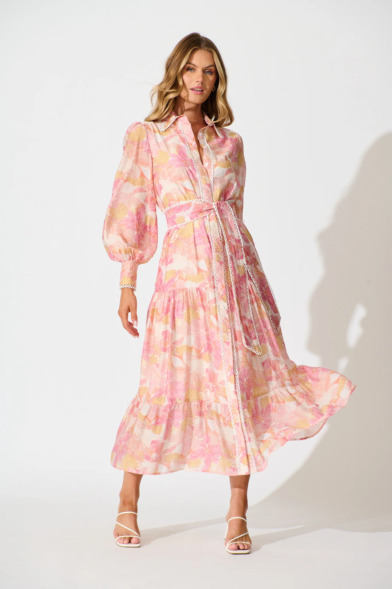 Alaina Maxi Shirt Dress in Pink Floral With White Lace Trim - Image 2