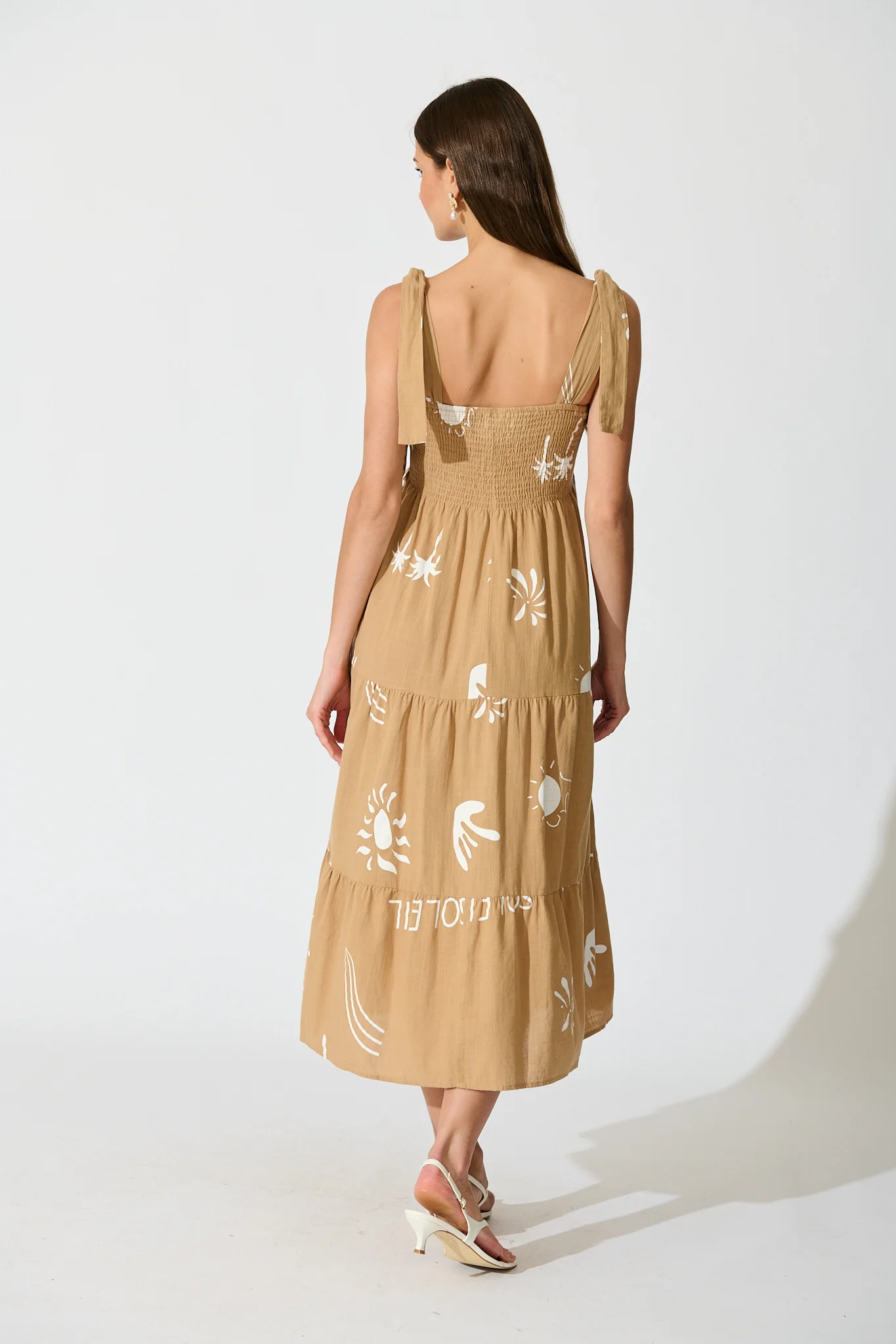 Alexea Midi Sundress in Camel with White Print Cotton - Image 4