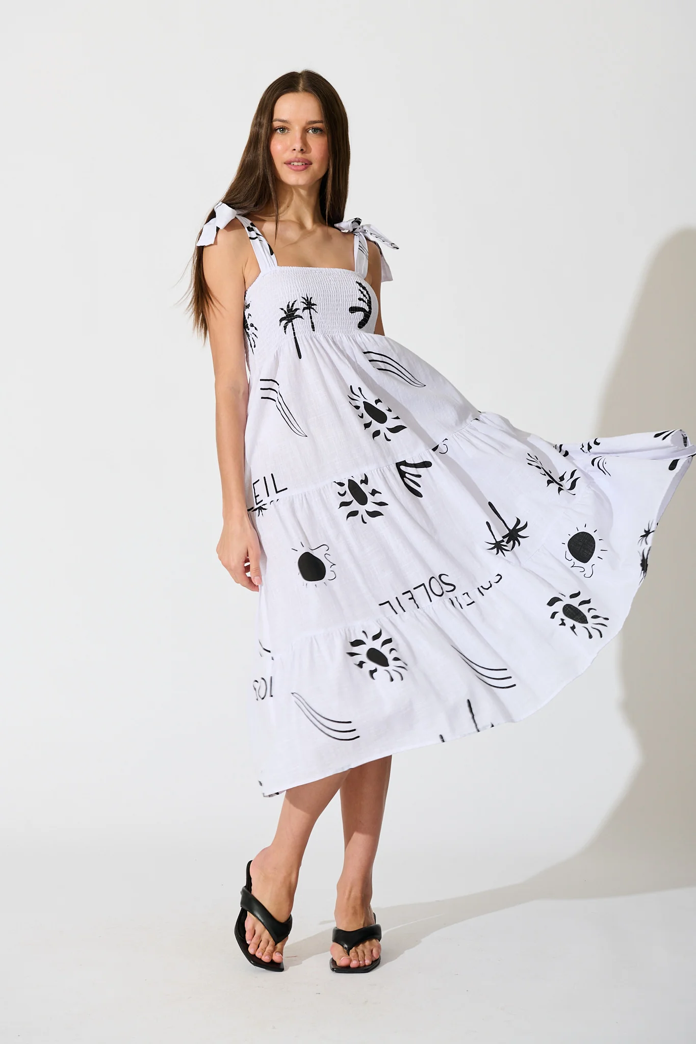 Alexea Midi Sundress in White with Black Print Cotton