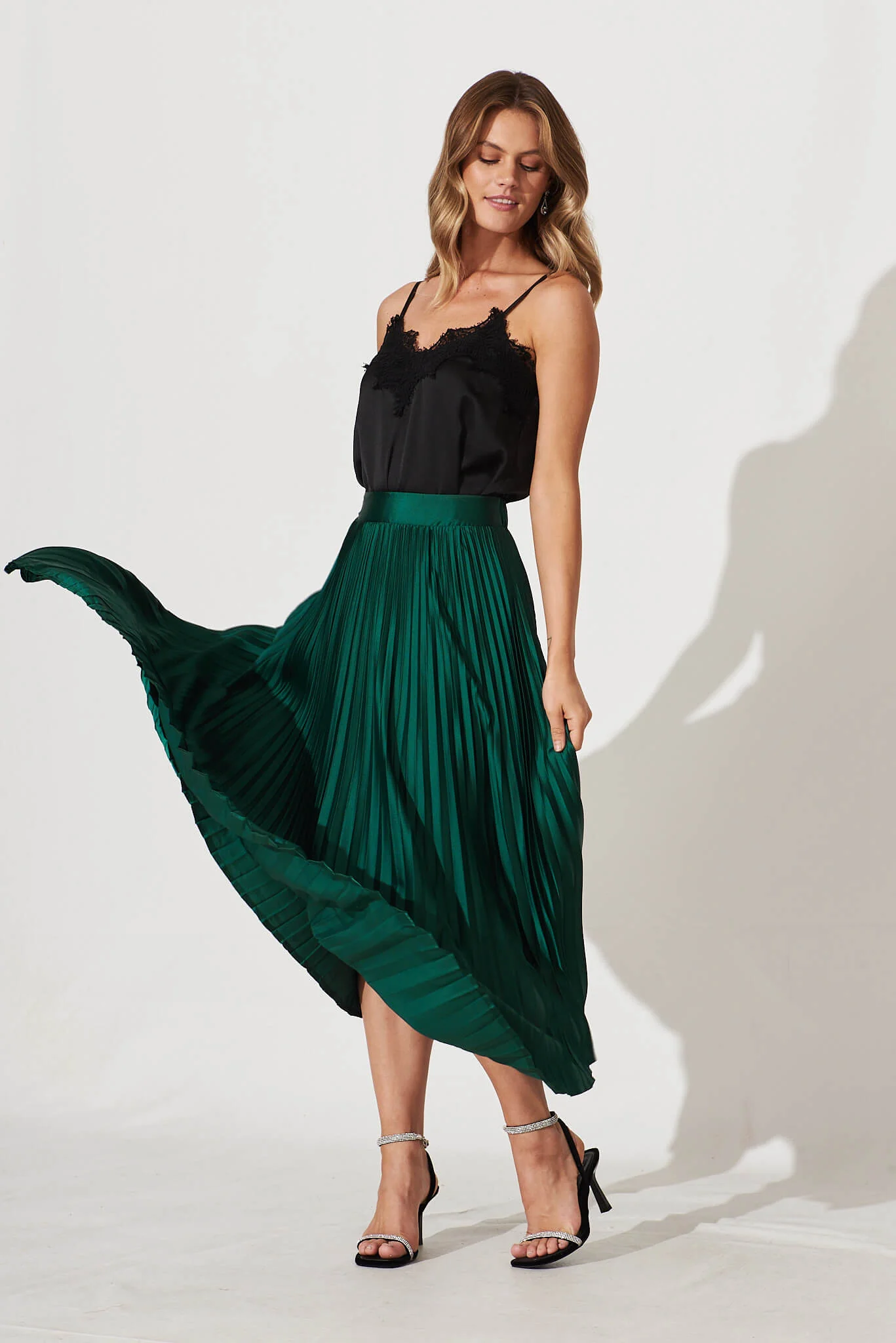 Allison Midi Pleat Skirt In Emerald Satin - Image 5