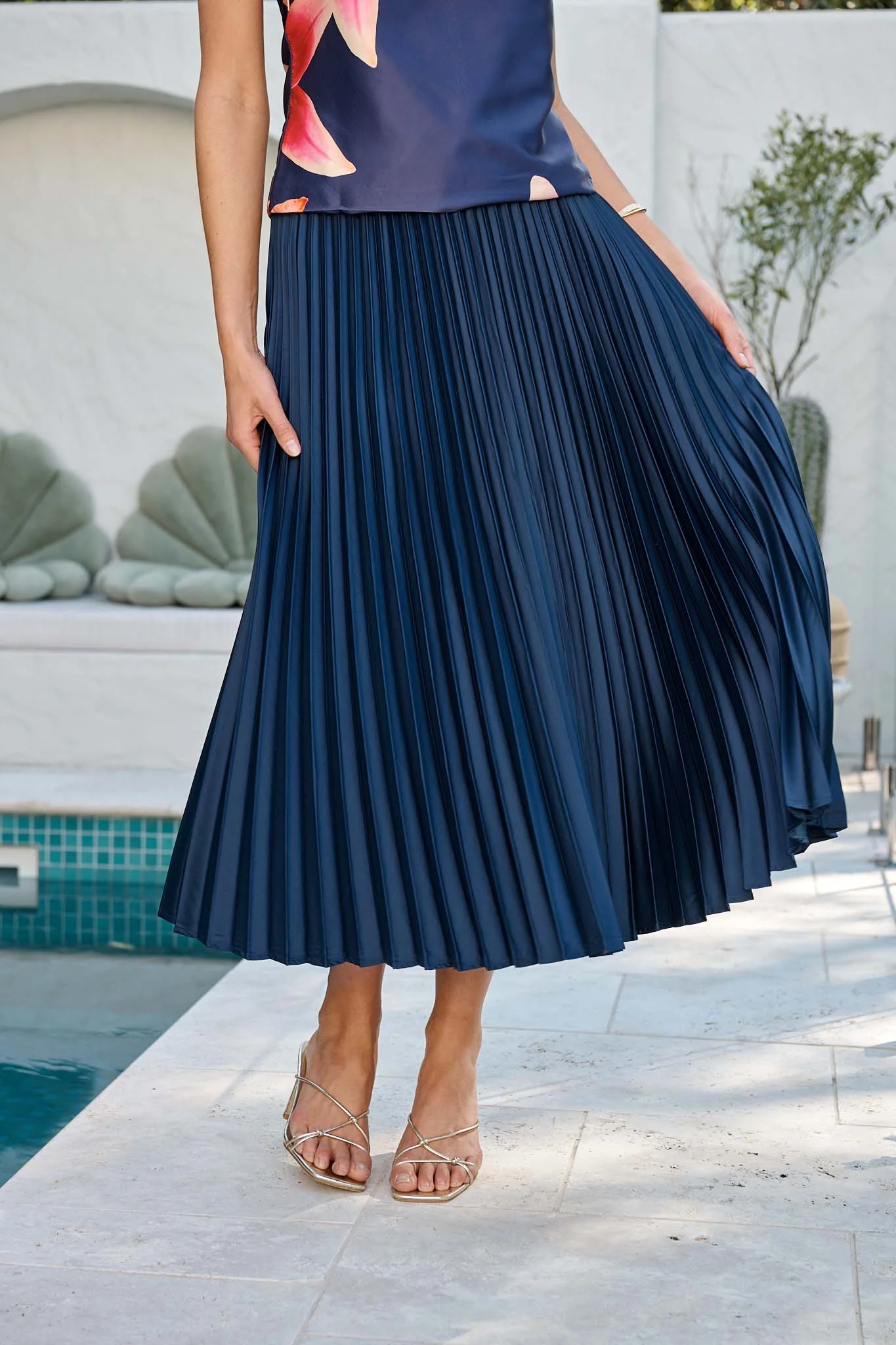 Allison Midi Pleat Skirt In Navy Satin - Image 6