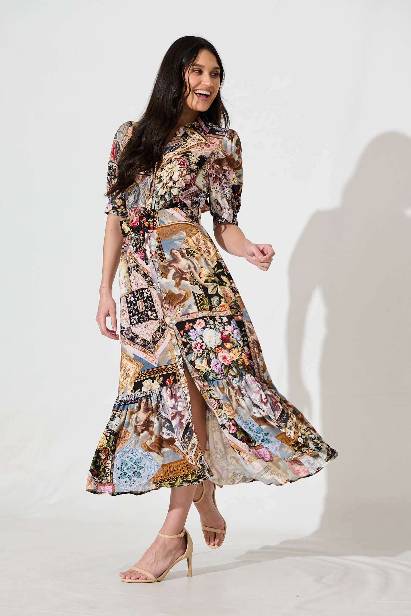 Allyna Midi Shirt Dress in Black Multi Patchwork - Image 3