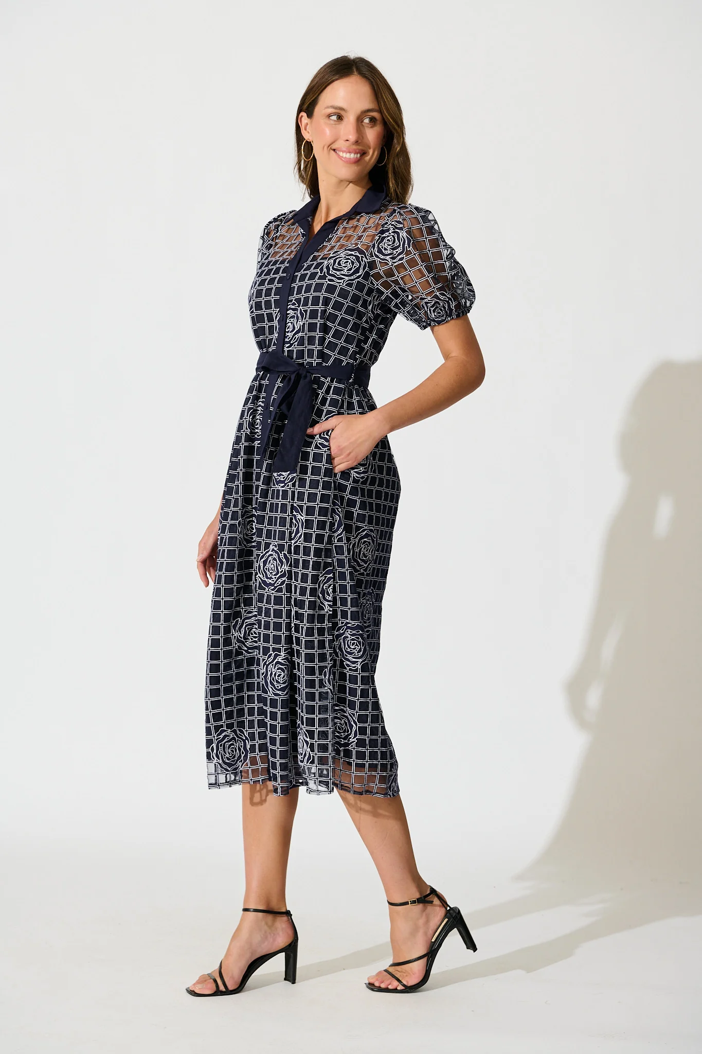 Almada Midi Shirt Dress in Navy Organza Floral - Image 3