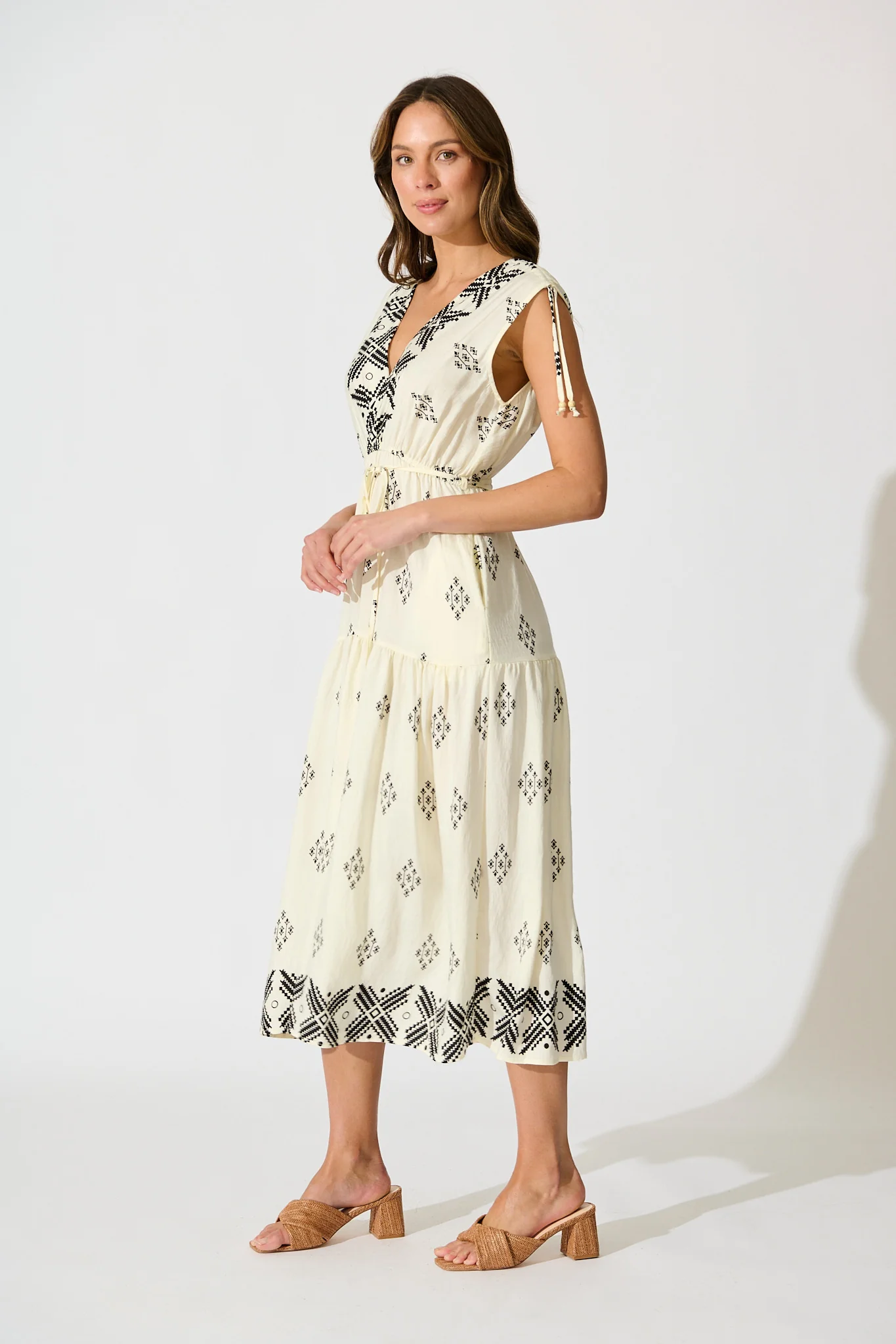 Amabelle Midi Dress in Cream with Black Border Linen Blend - Image 3