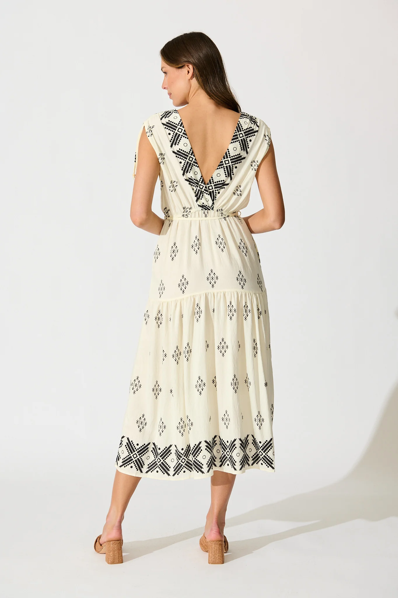 Amabelle Midi Dress in Cream with Black Border Linen Blend - Image 4