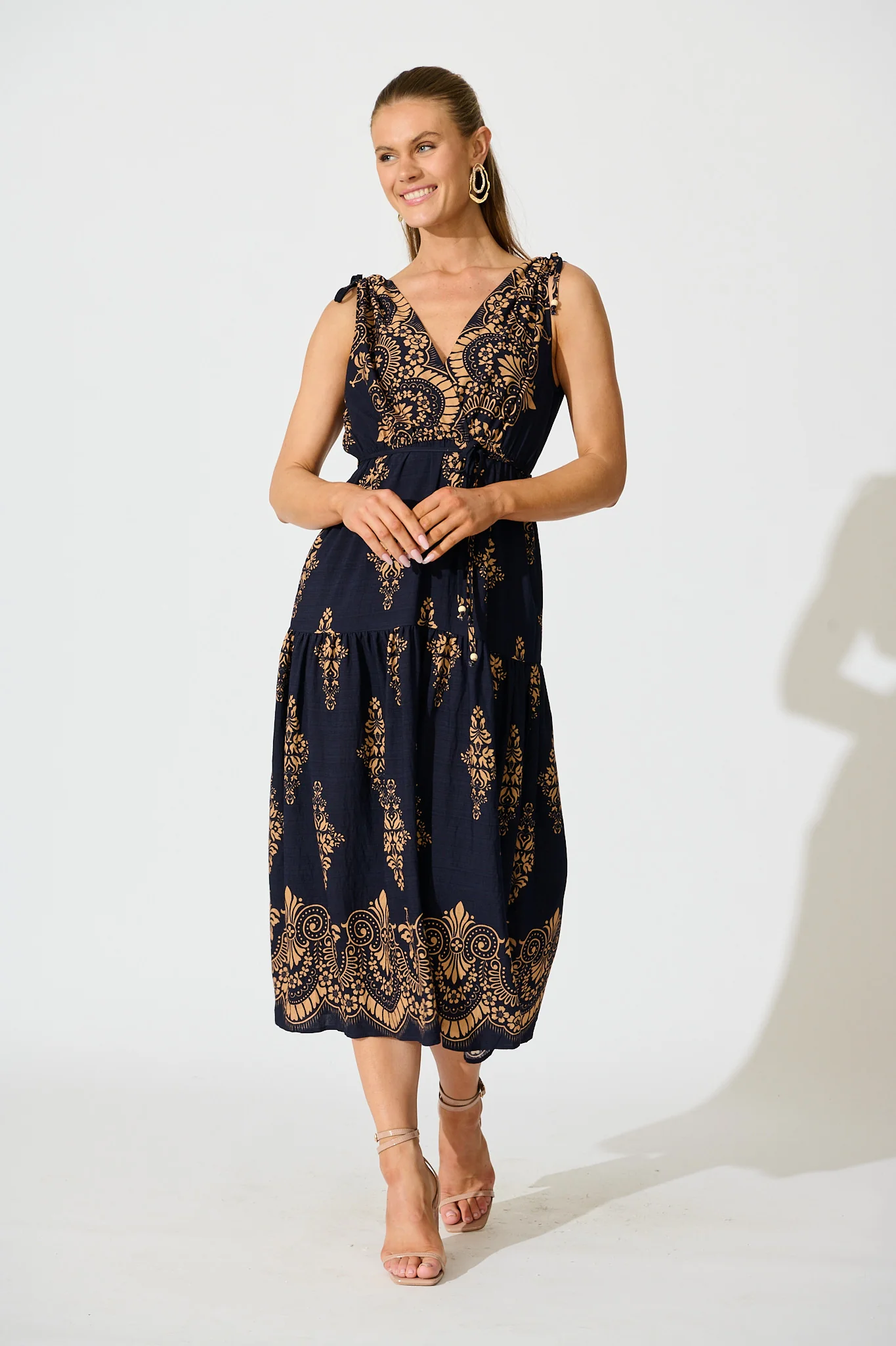 Amabelle Midi Dress in Navy with Tan Boho Linen Blend