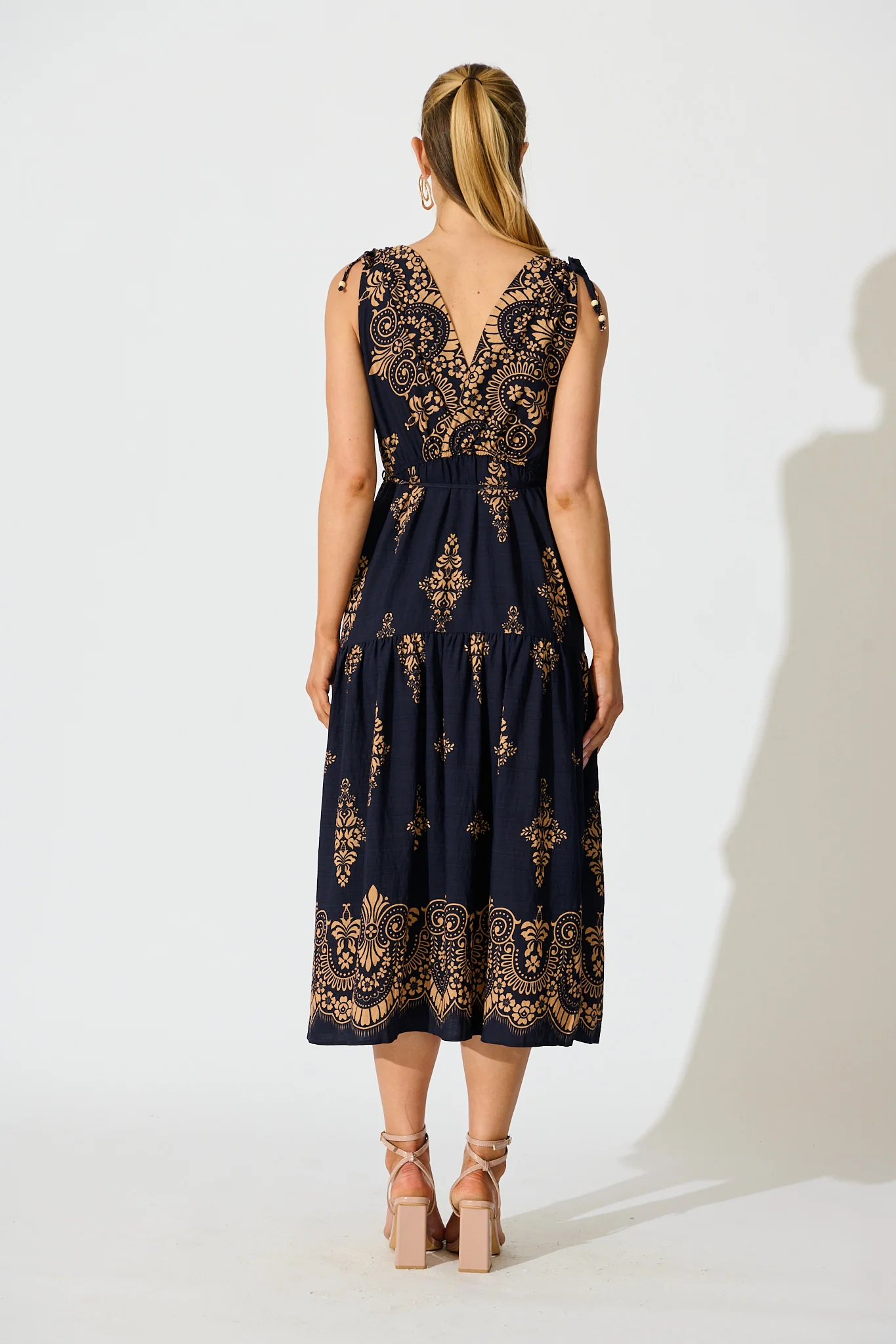Amabelle Midi Dress in Navy with Tan Boho Linen Blend - Image 4