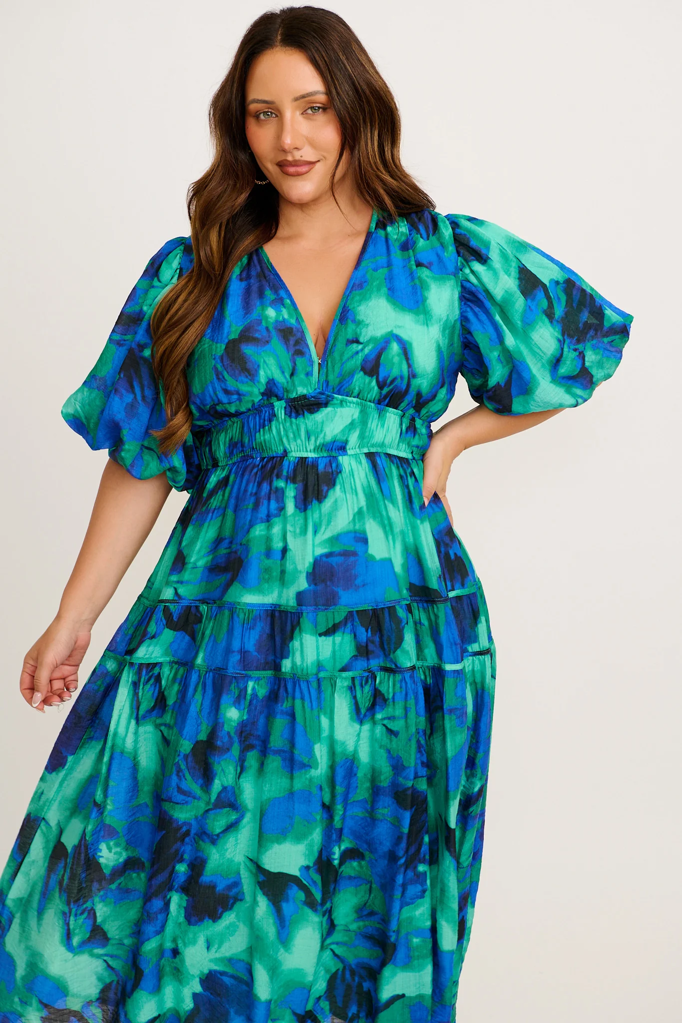 Amalie Midi Dress in Blue and Green Watercolour Print - Image 2