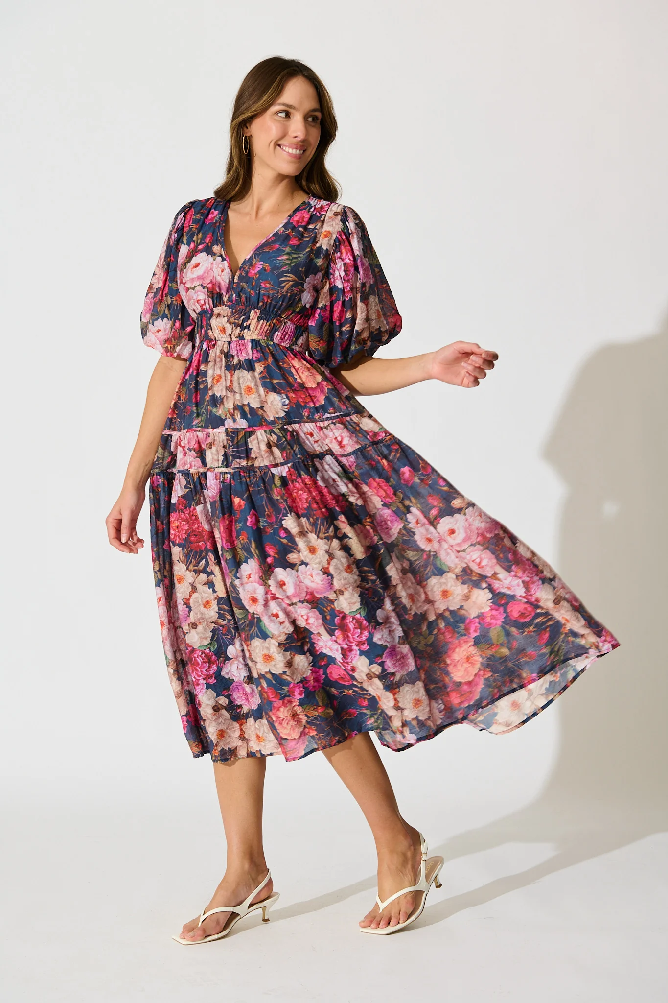 Amalie Midi Dress in Navy with Blush Floral - Image 3