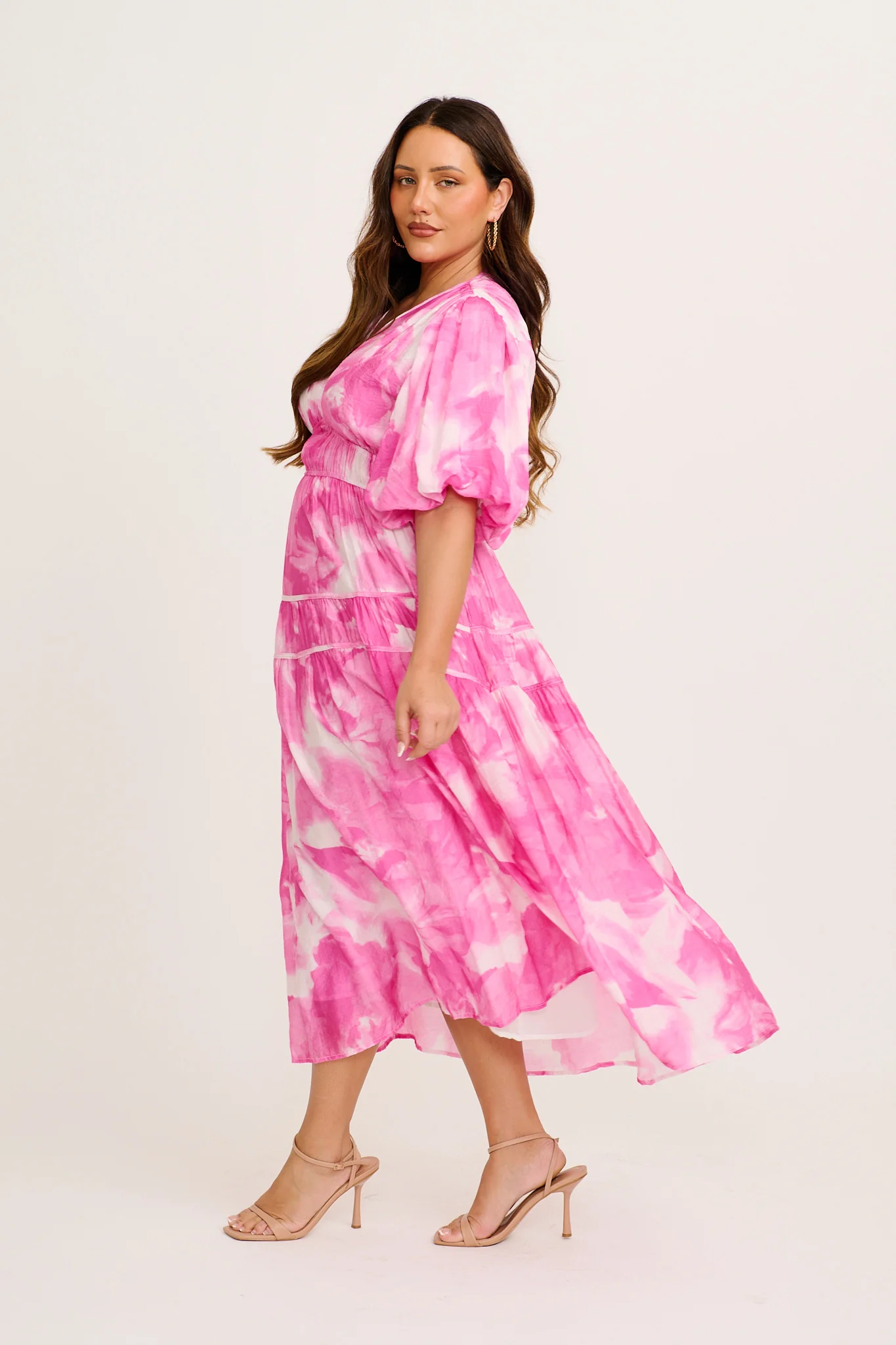 Amalie Midi Dress in Pink with White Watercolour Print - Image 3