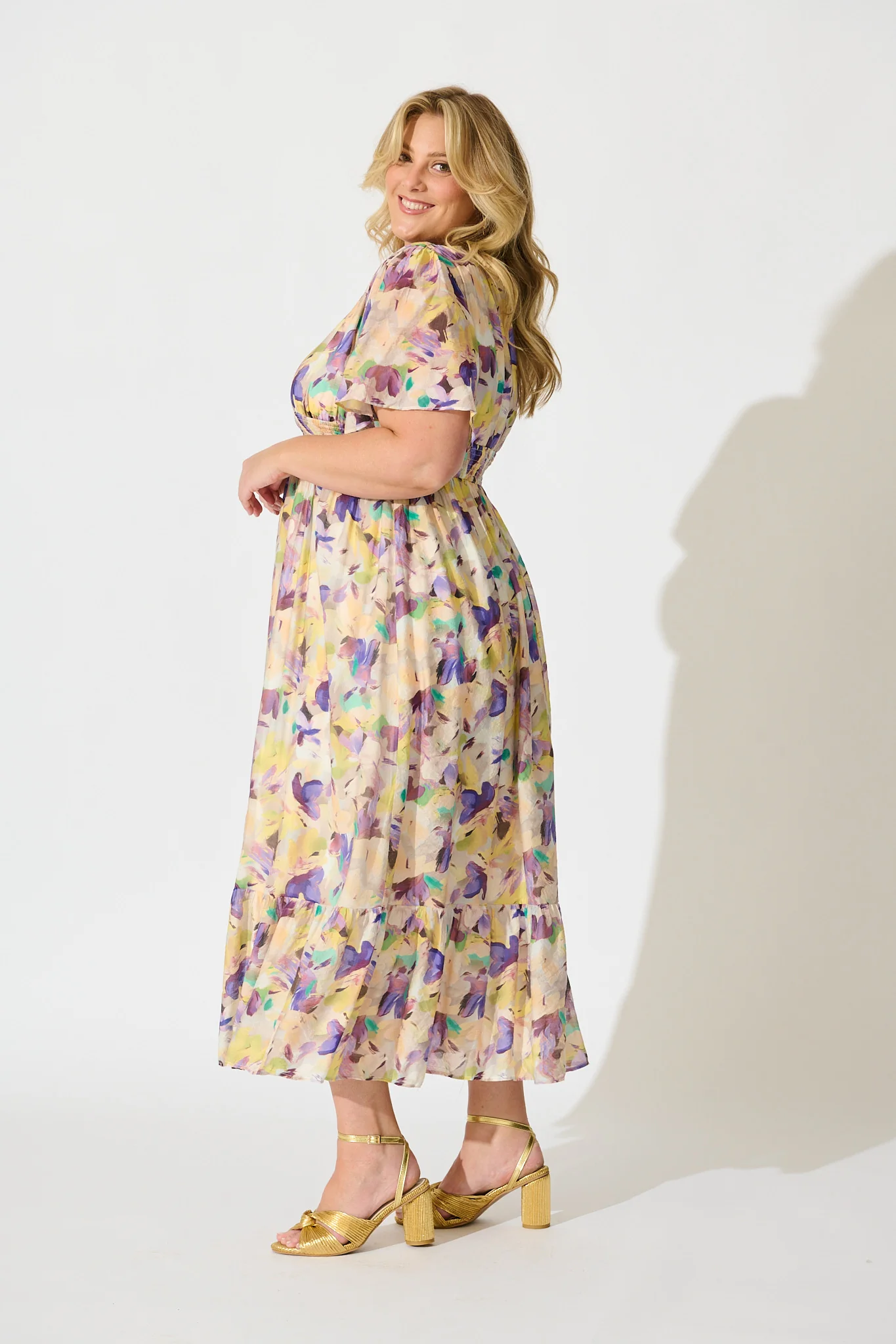 Amara Petal Midi Dress in Mustard Multi Watercolour Floral - Image 8