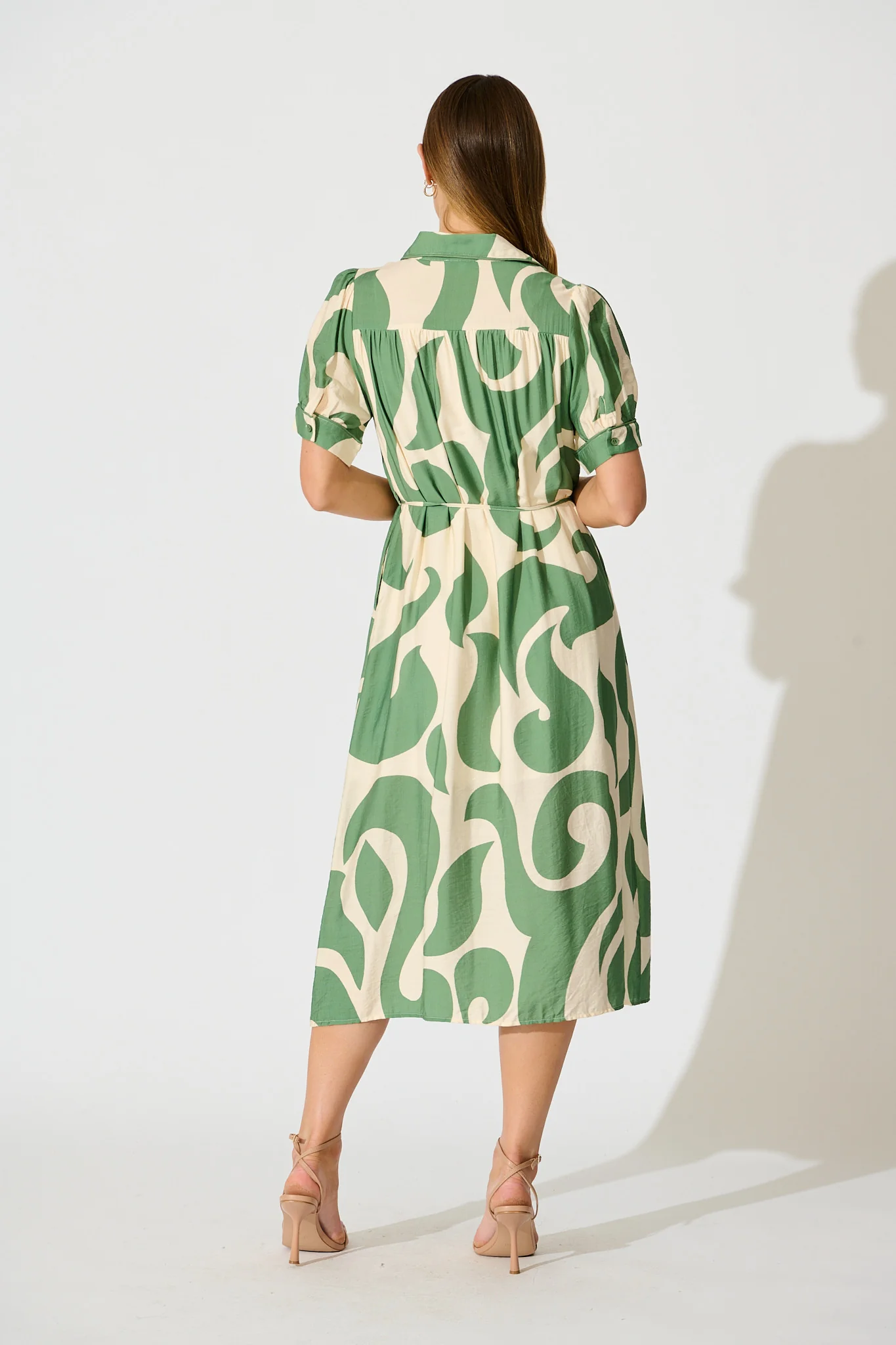 Amarantha Midi Shirt Dress in Green Geometric Print - Image 4