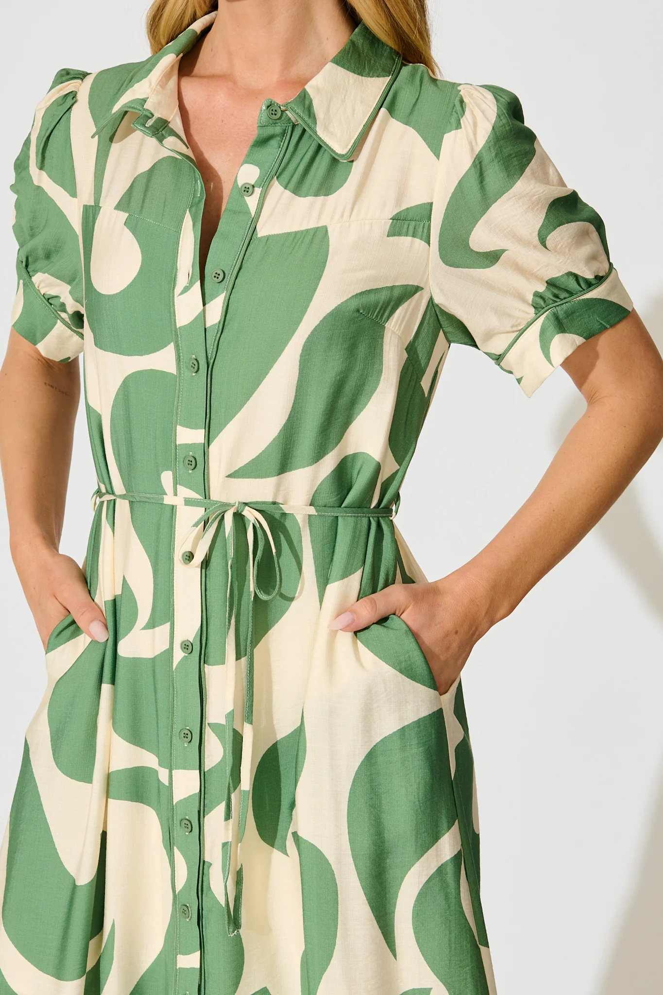 Amarantha Midi Shirt Dress in Green Geometric Print - Image 5