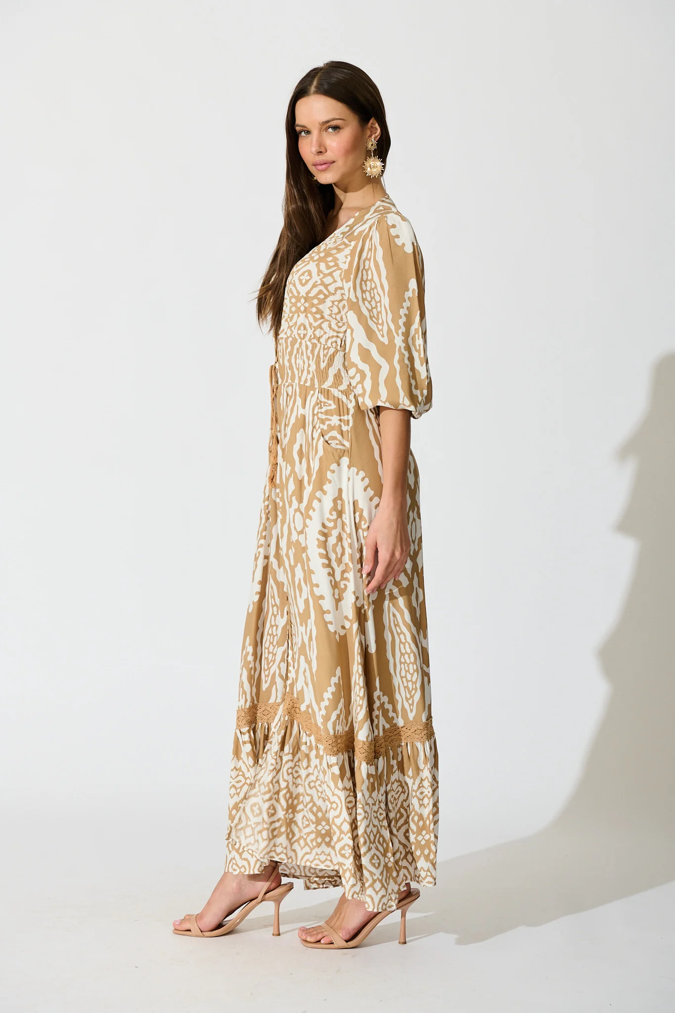 Amarie Maxi Dress in Beige and White Boho Print - Image 3