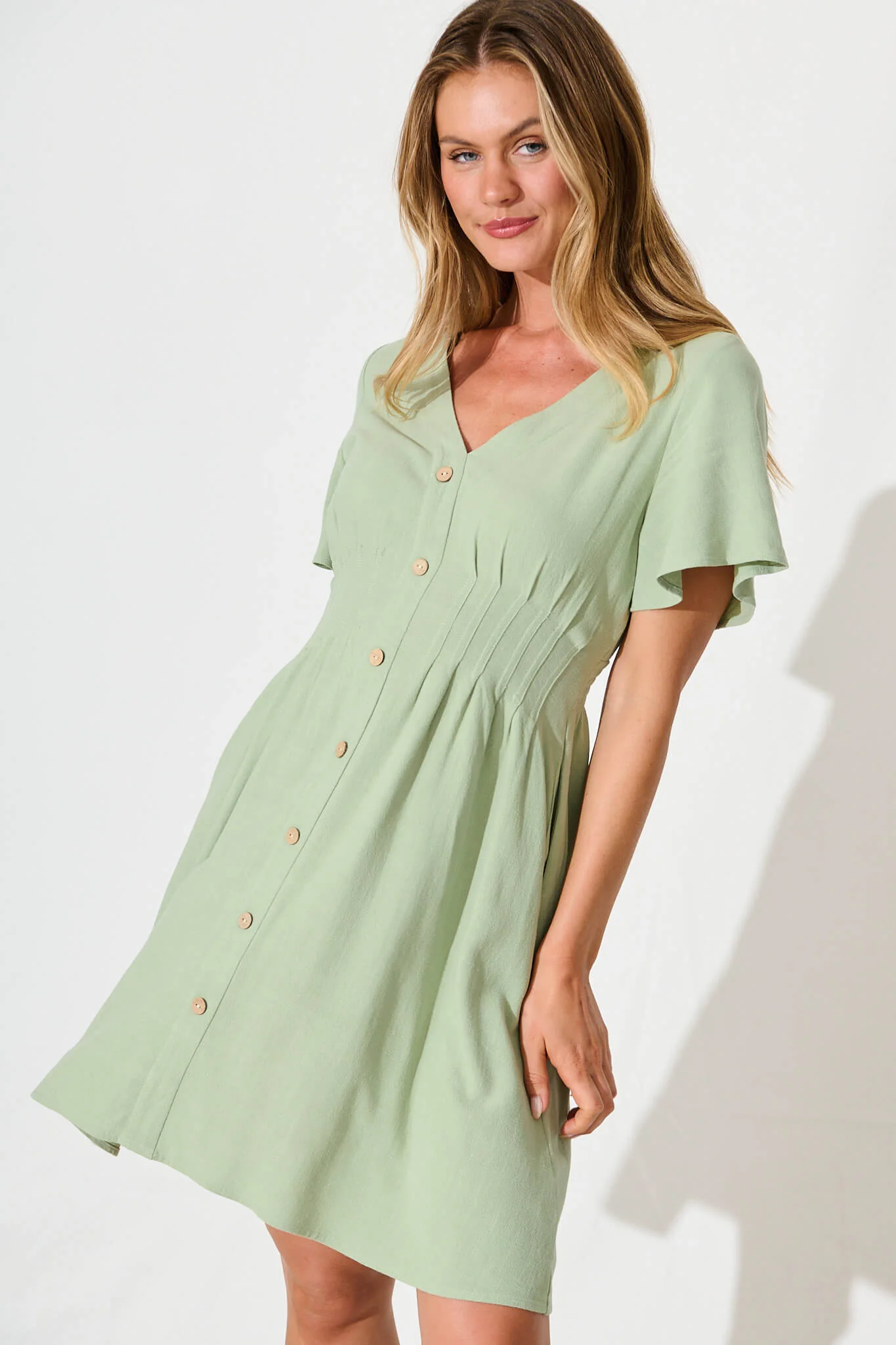 Amaya Dress in Pale Green Linen Blend - Image 2