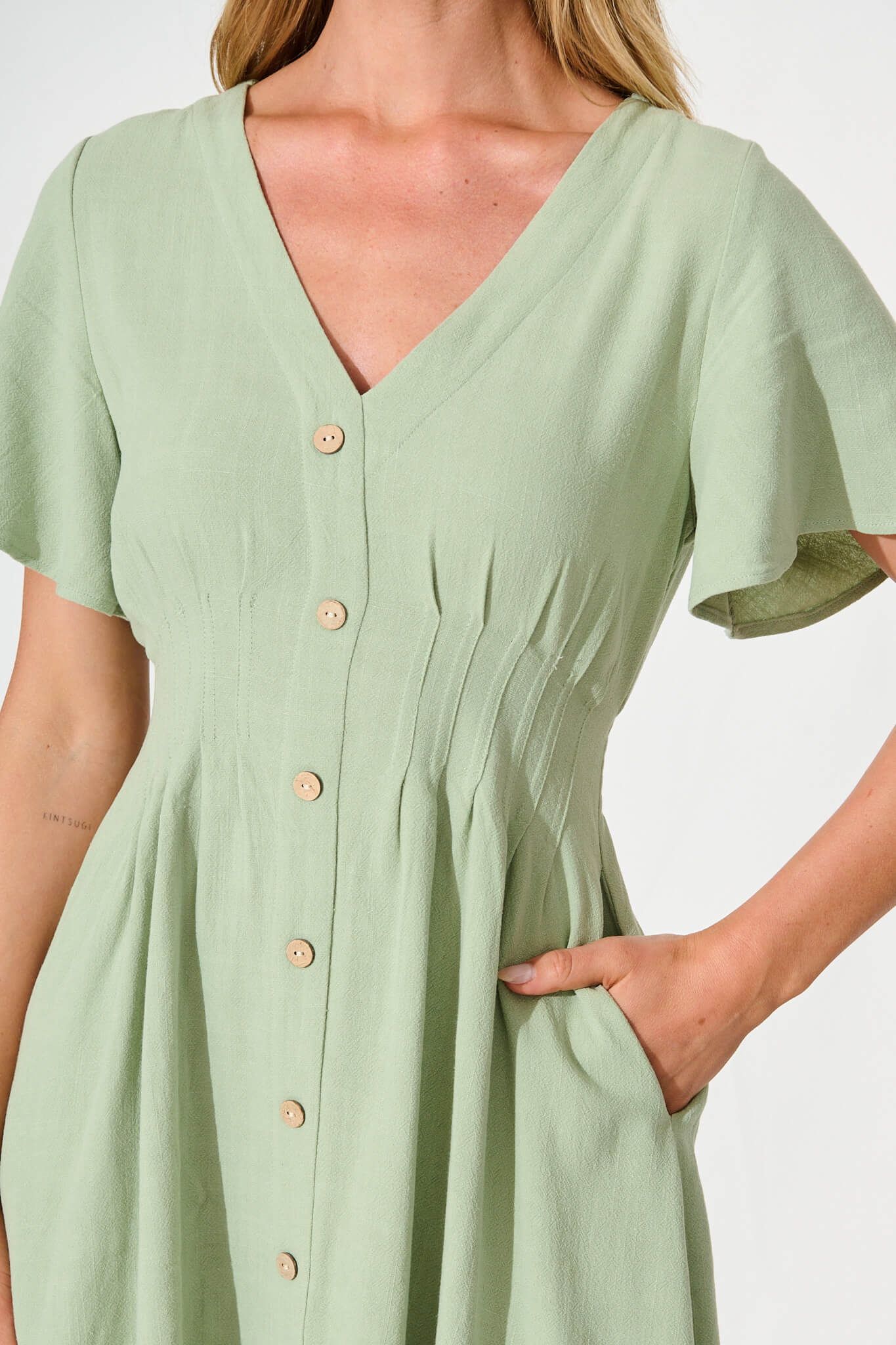 Amaya Dress in Pale Green Linen Blend - Image 5
