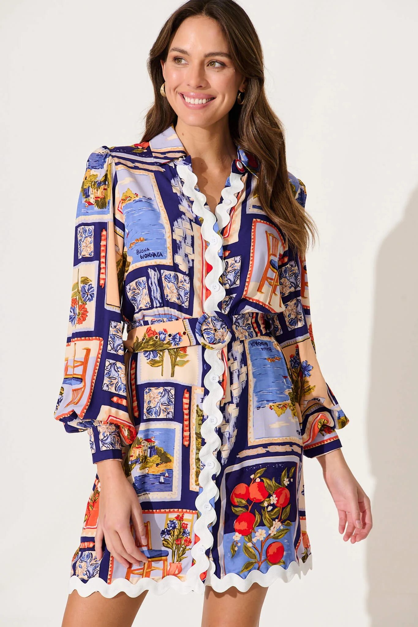 Amico Dress In Blue Multi Postcard Print - Image 2