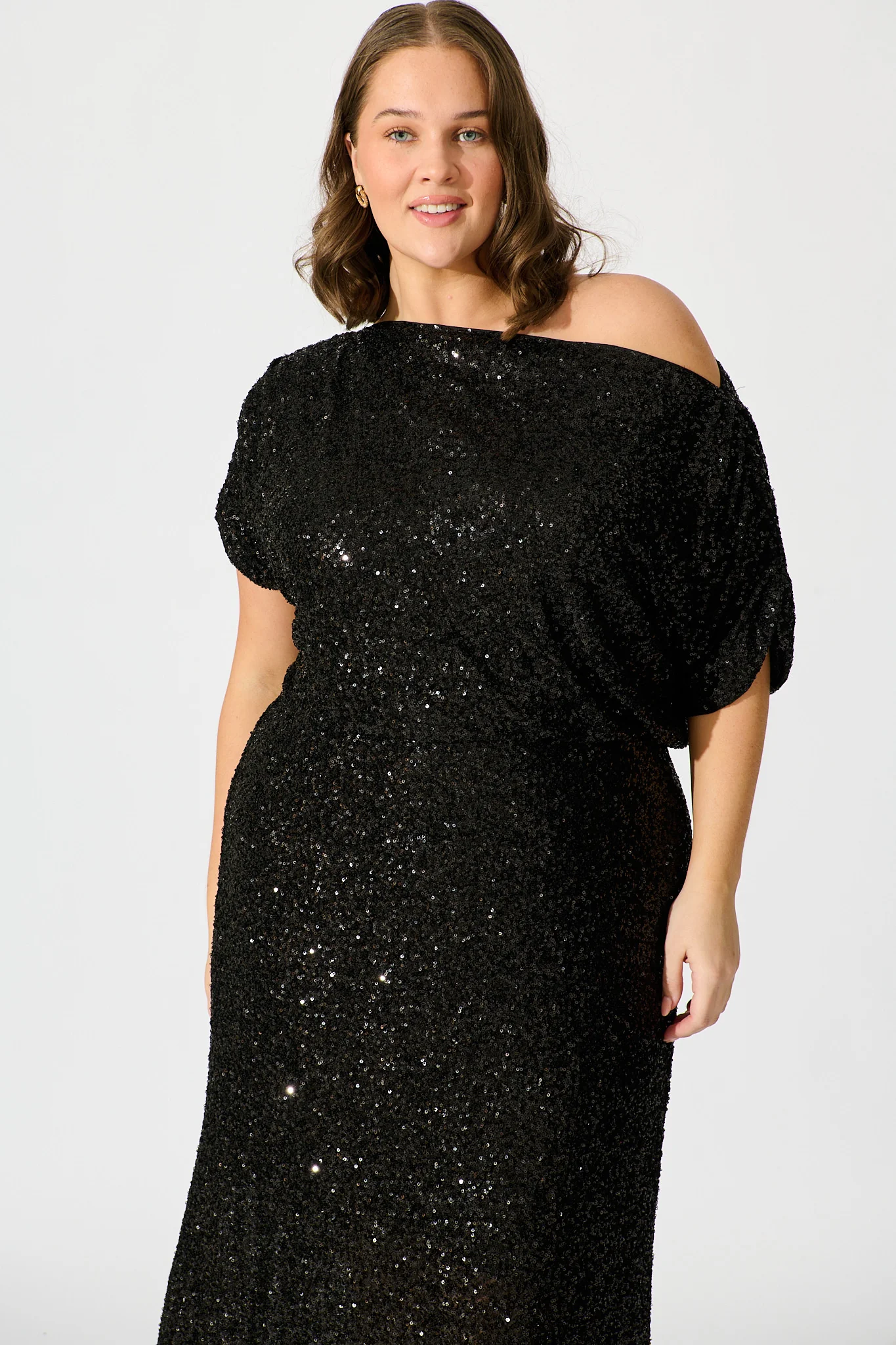 Amiri Off Shoulder Maxi Dress in Black Sequin - Image 12