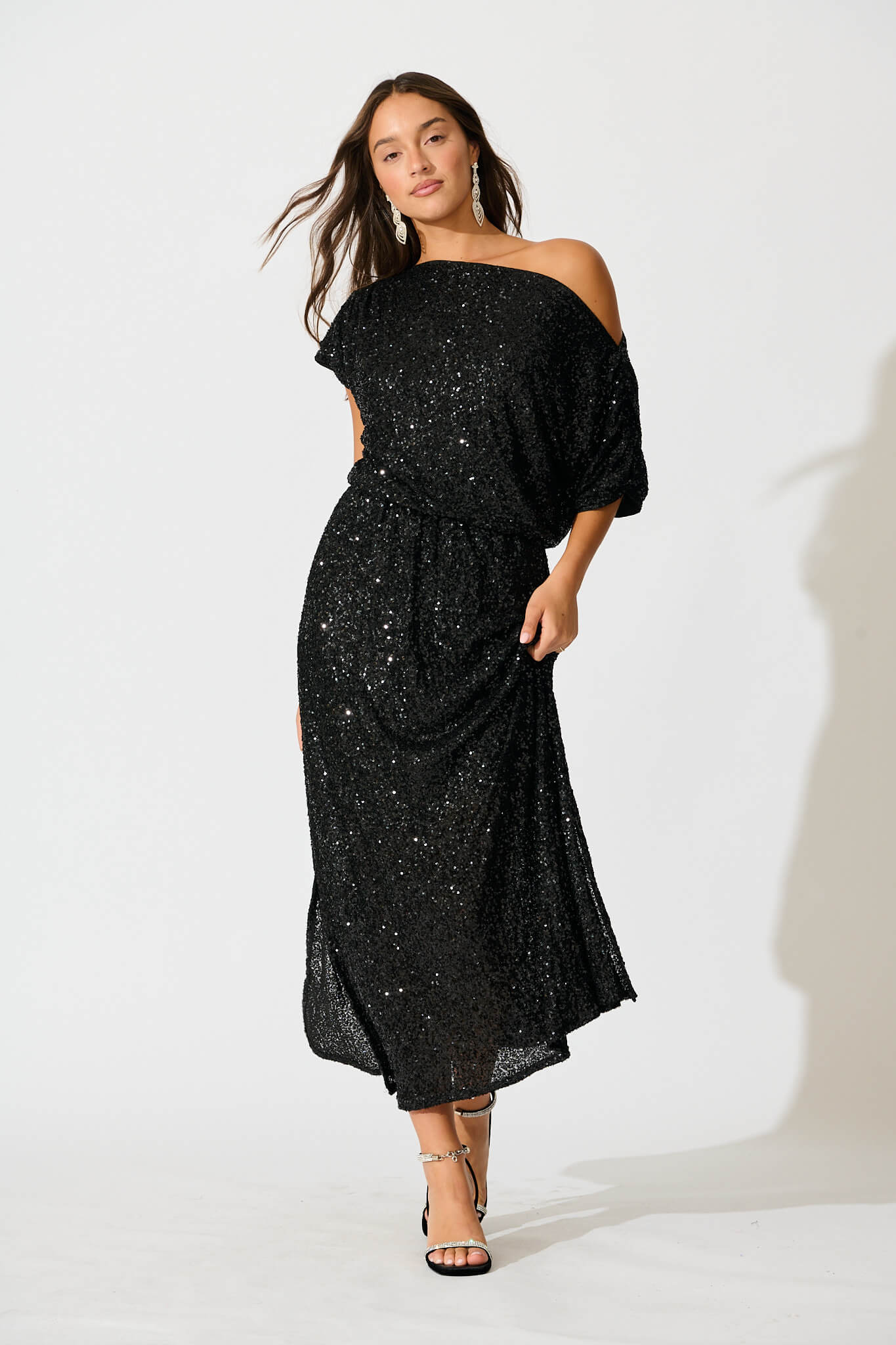 Amiri Off Shoulder Maxi Dress in Black Sequin - Image 2