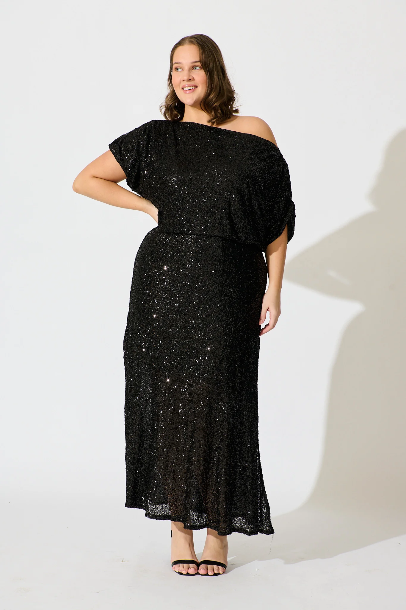 Amiri Off Shoulder Maxi Dress in Black Sequin - Image 7