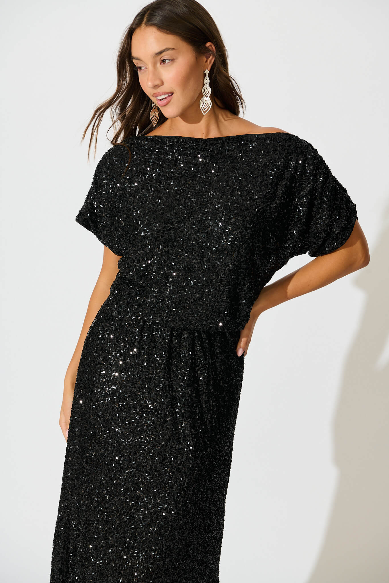 Amiri Off Shoulder Maxi Dress in Black Sequin - Image 8