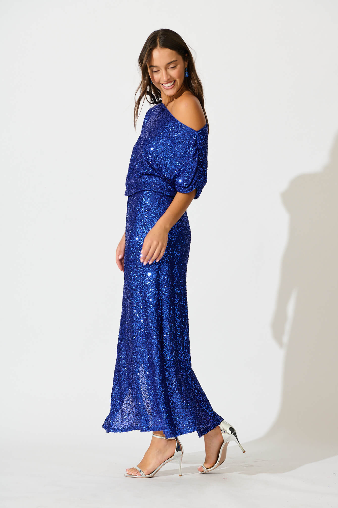 Amiri Off Shoulder Maxi Dress in Cobalt Blue Sequin - Image 6