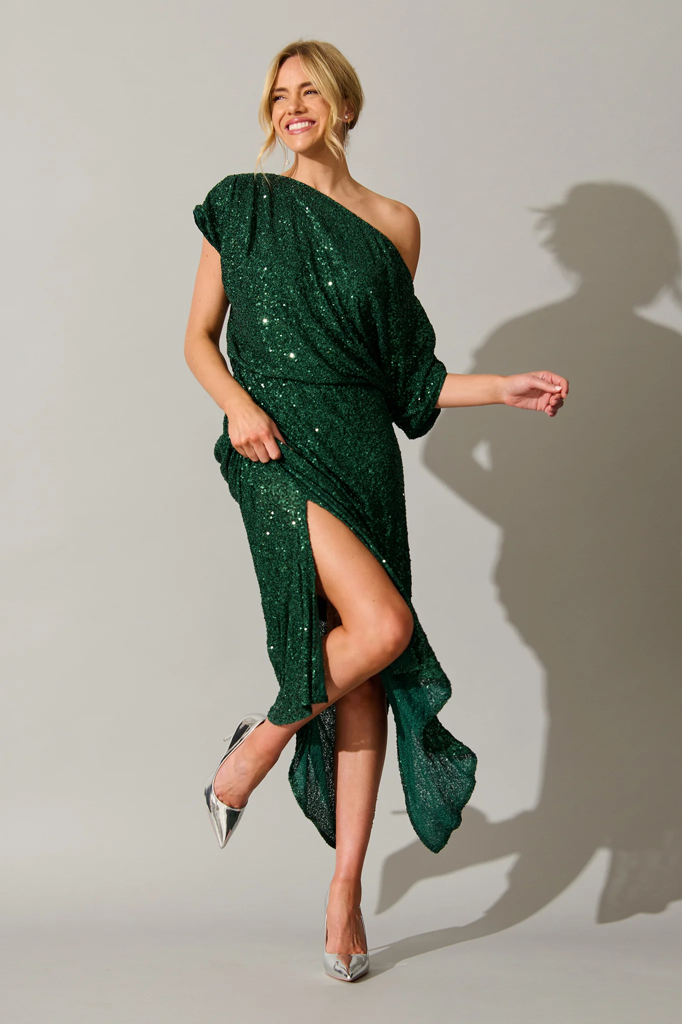Amiri Off Shoulder Maxi Dress in Emerald Sequin - Image 2