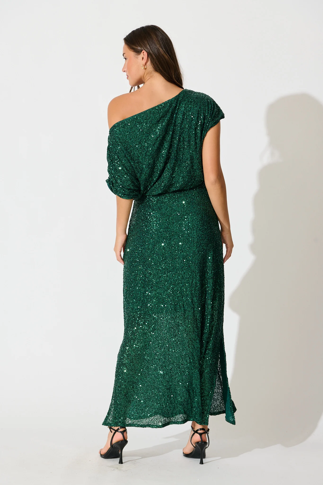 Amiri Off Shoulder Maxi Dress in Emerald Sequin - Image 6