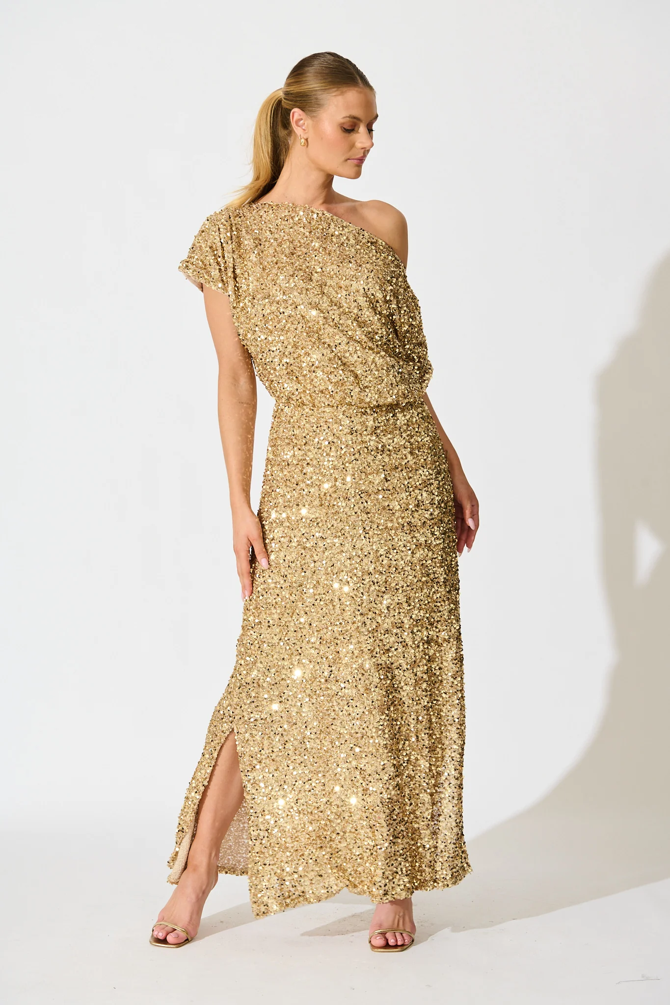 Amiri Off Shoulder Maxi Dress in Gold Sequin - Image 4