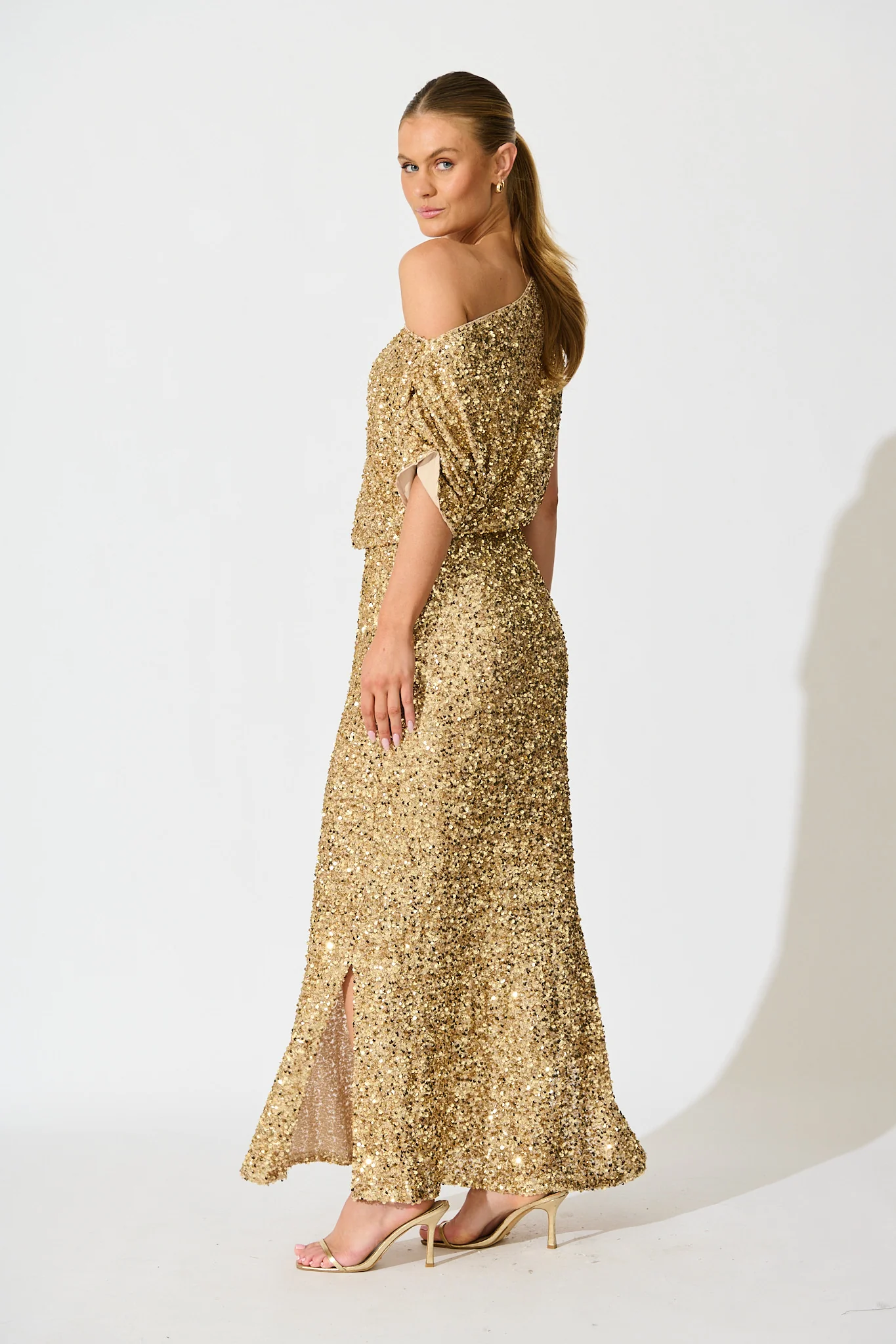 Amiri Off Shoulder Maxi Dress in Gold Sequin - Image 8