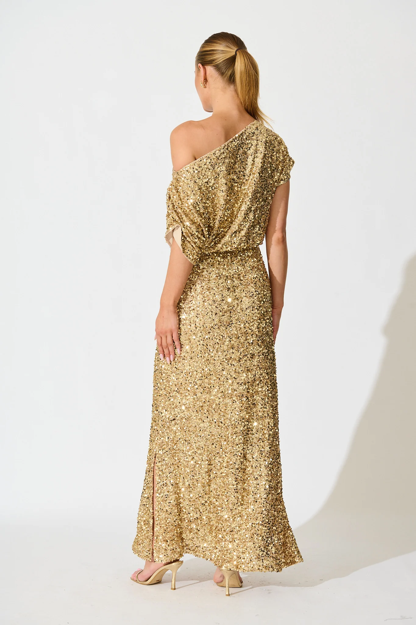 Amiri Off Shoulder Maxi Dress in Gold Sequin - Image 9
