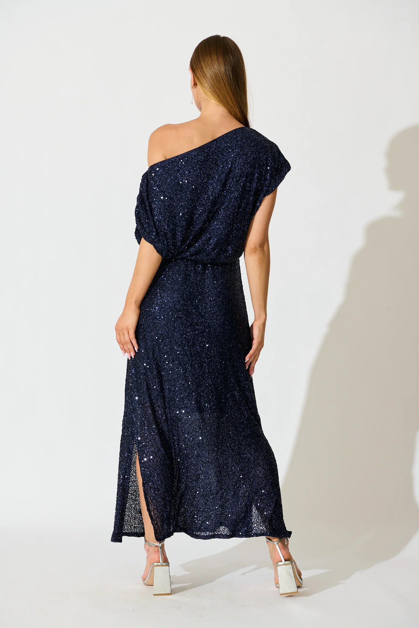 Amiri Off Shoulder Maxi Dress in Navy Sequin - Image 4
