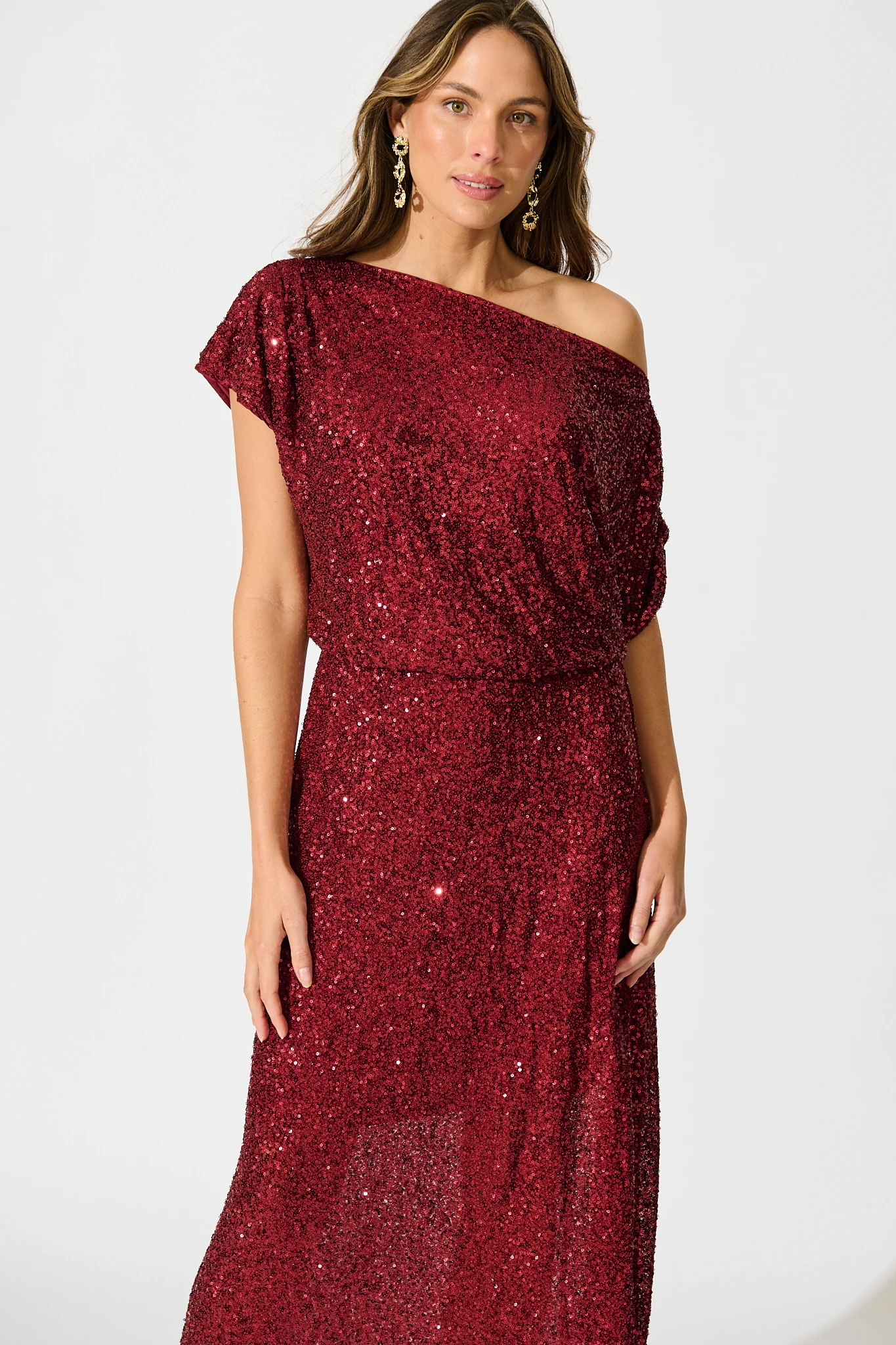 Amiri Off Shoulder Maxi Dress in Wine Sequin - Image 2
