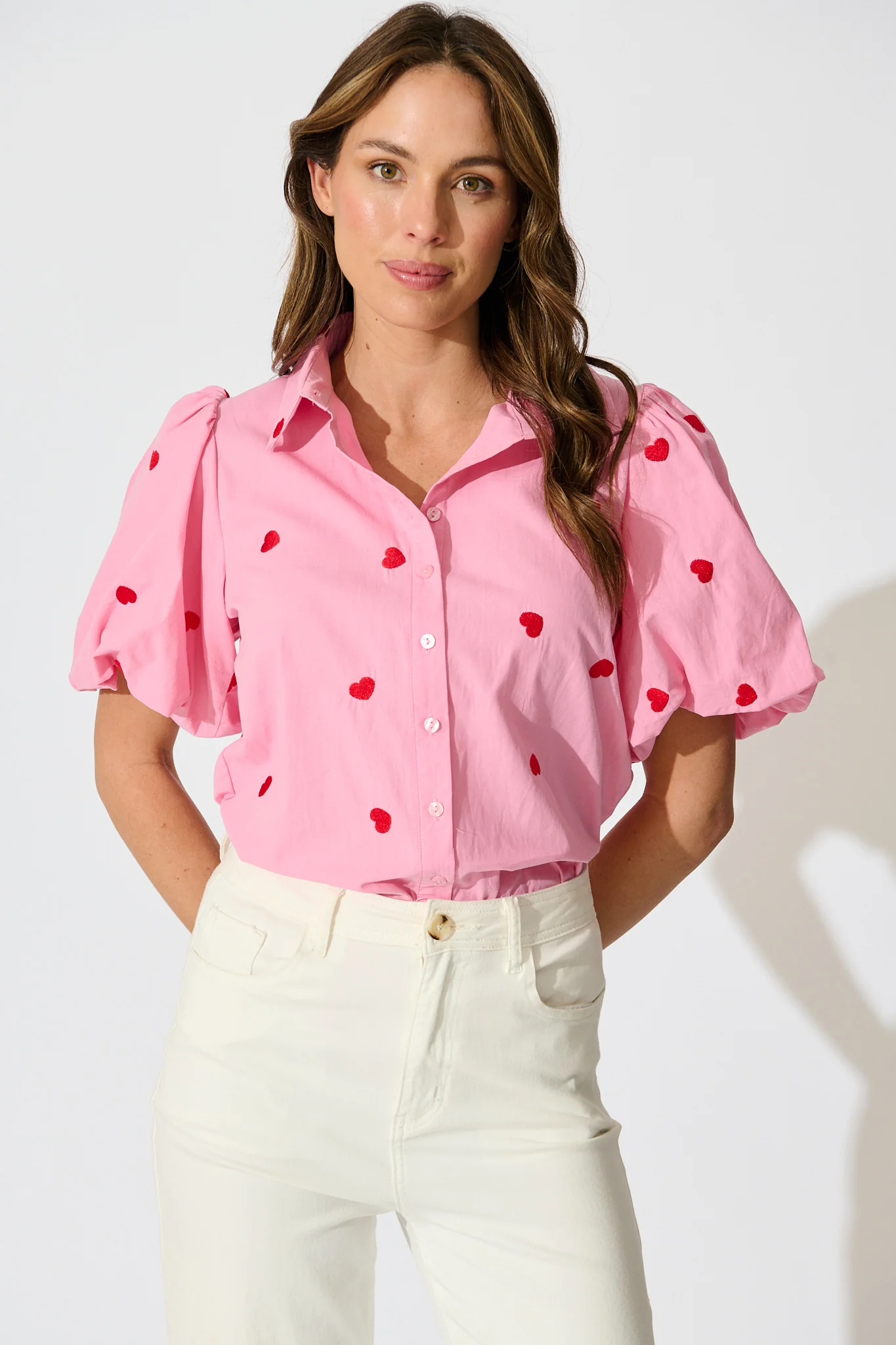Amore Heart Shirt in Pink with Red Heart Embroidered Cotton - Image 2