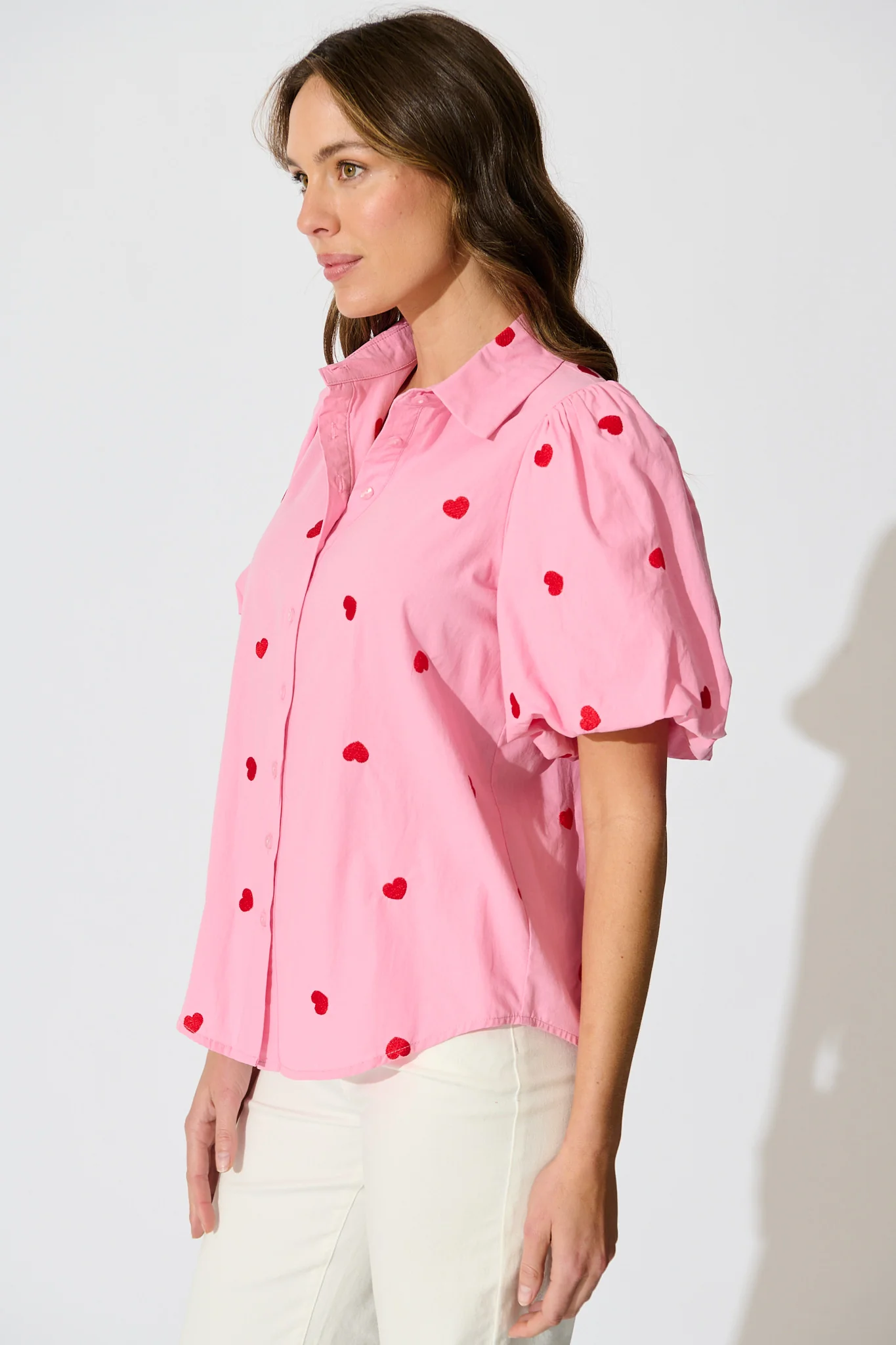 Amore Heart Shirt in Pink with Red Heart Embroidered Cotton - Image 3